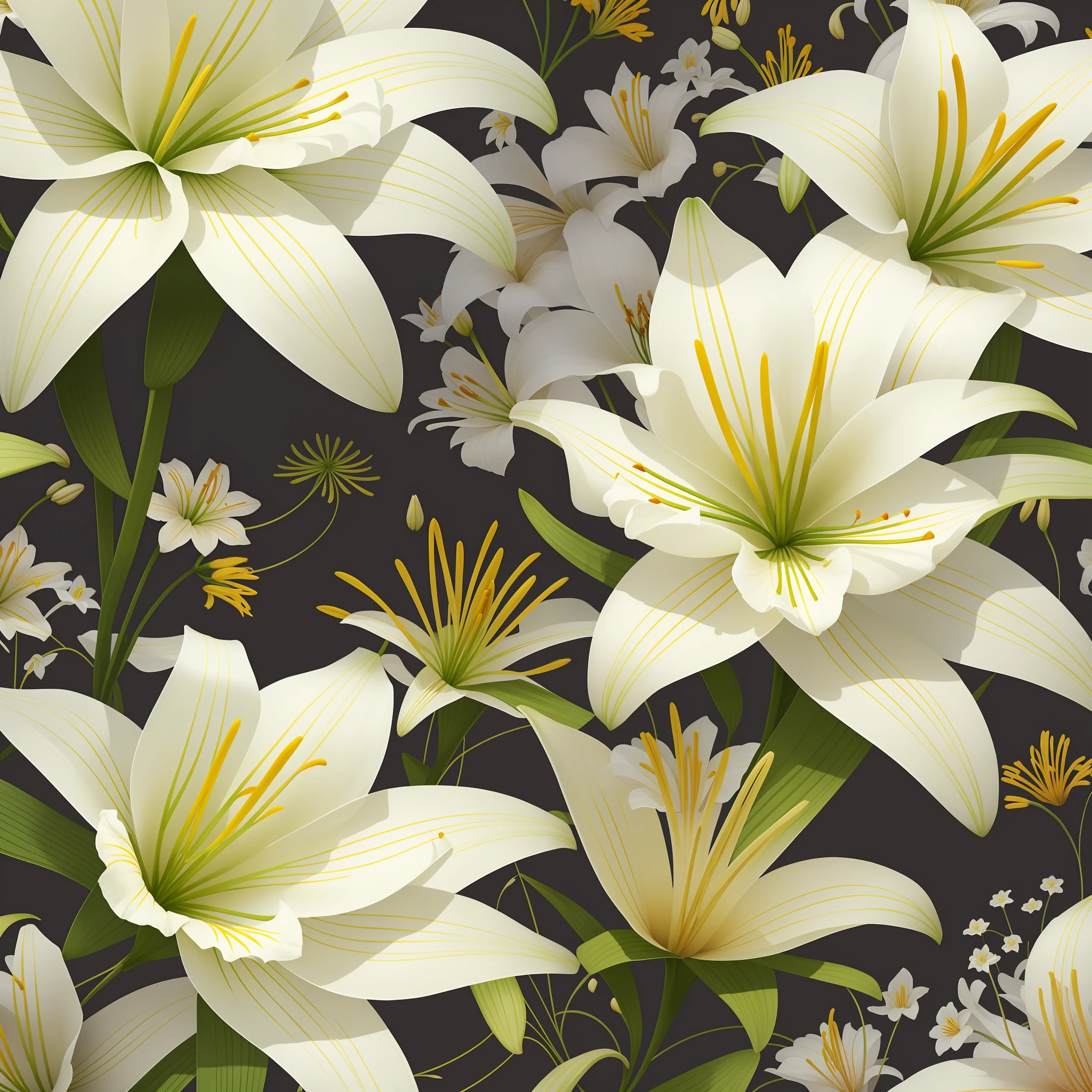 Lily flowers, Japan painting style, large lilies and small lilies, pastel tones using color palette, lily flowers yellow and white, stamens black, background geometric patterns that can be imagined Japan