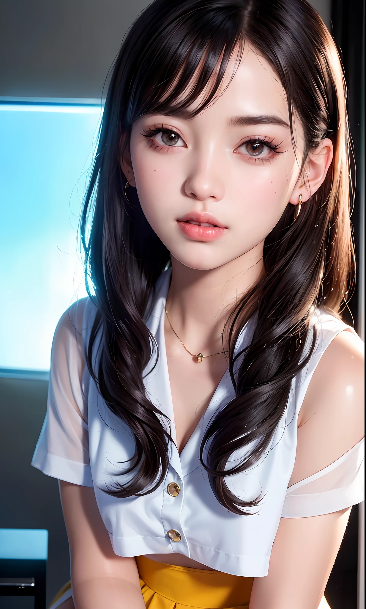 (8k, RAW photo, photorealistic:1.25) ,( lipgloss, eyelashes, gloss-face, glossy skin, best quality, ultra highres, depth of field, chromatic aberration, caustics, Broad lighting, natural shading,Kpop idol) looking at viewer with a serene and goddess-like happiness, highschool classroom, sailor uniform, mini skirt