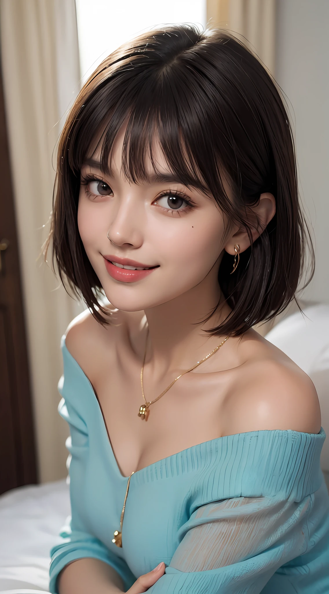 (top quality, 8k, masterpiece: 1.3), pretty woman with perfect figure: 1.4, dark brown hair, big, wearing pendants, torn shorts, sleeping in bedroom, very detailed face and skin, detailed eyes, double eyelids, top quality, masterpiece, (photorealistic: 1.4), one woman, golden ratio, high angle shot, upper eye care, low angle shot, perfect face, beautiful figure, cute face, face close-up, zoom in on face, short bob, short hair, smile from different angles, smile, gloss, highlight, gloss, glossy on skin, glossy on skin, wet skin, wet, bangs, cute smile, bust, off-shoulder, refreshing charm, elegant, perfect hands, smile from angle, smile, shiny, highlight, glossy skin, bangs, bust, big, Warm off-shoulder, refreshing charm, ears out, gaze to the camera, poses at different angles