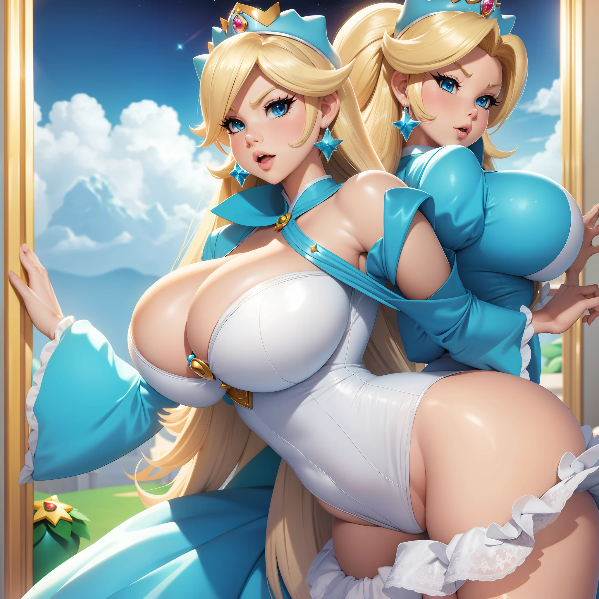 Princess Rosalina, classic outfit from the game Super Mario Bros Galaxy, huge breasts, huge breasts, exaggerated breasts, posing sensually with legs open, expression ahegao