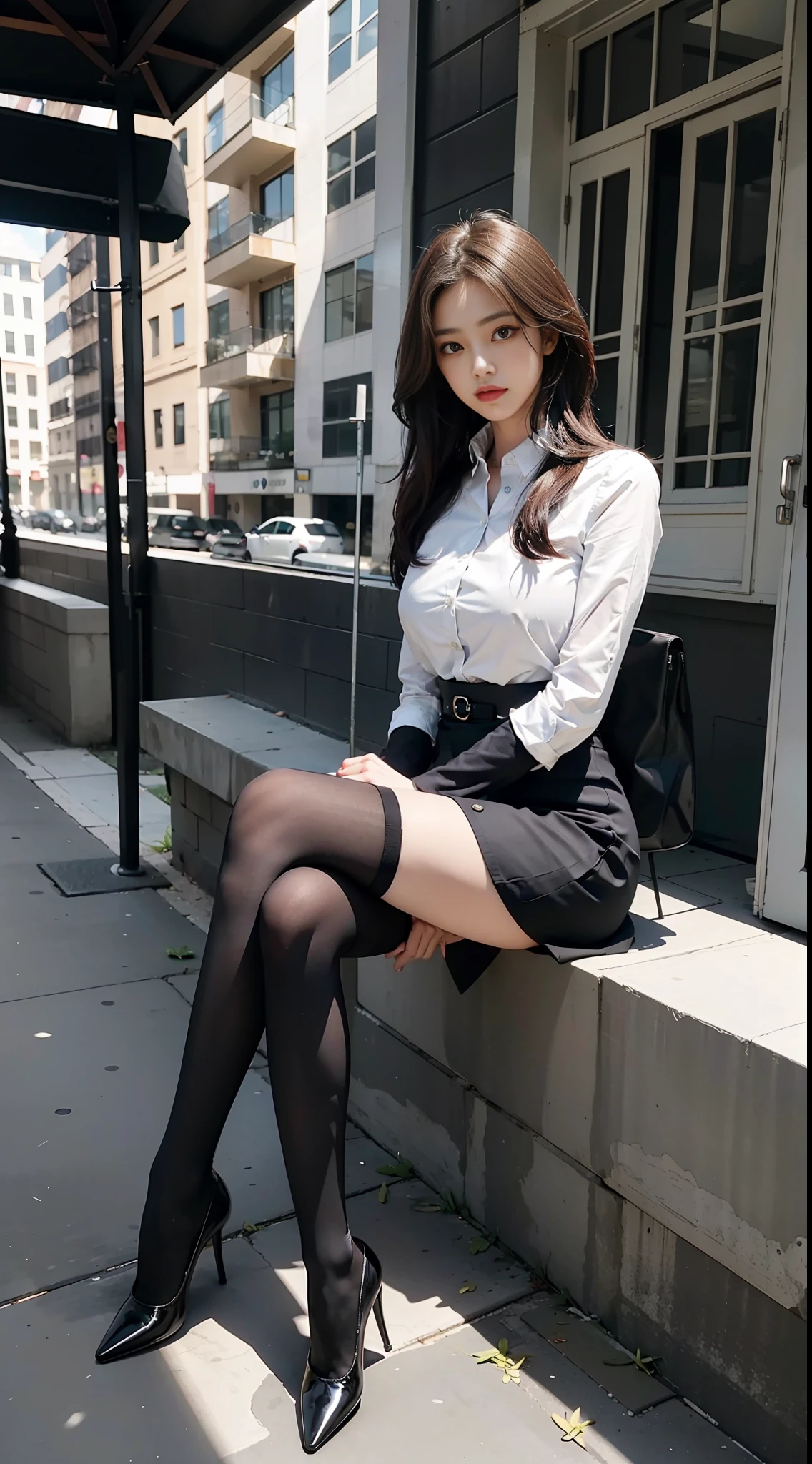 Araffe woman in black stockings and a white shirt sitting on a ledge ...