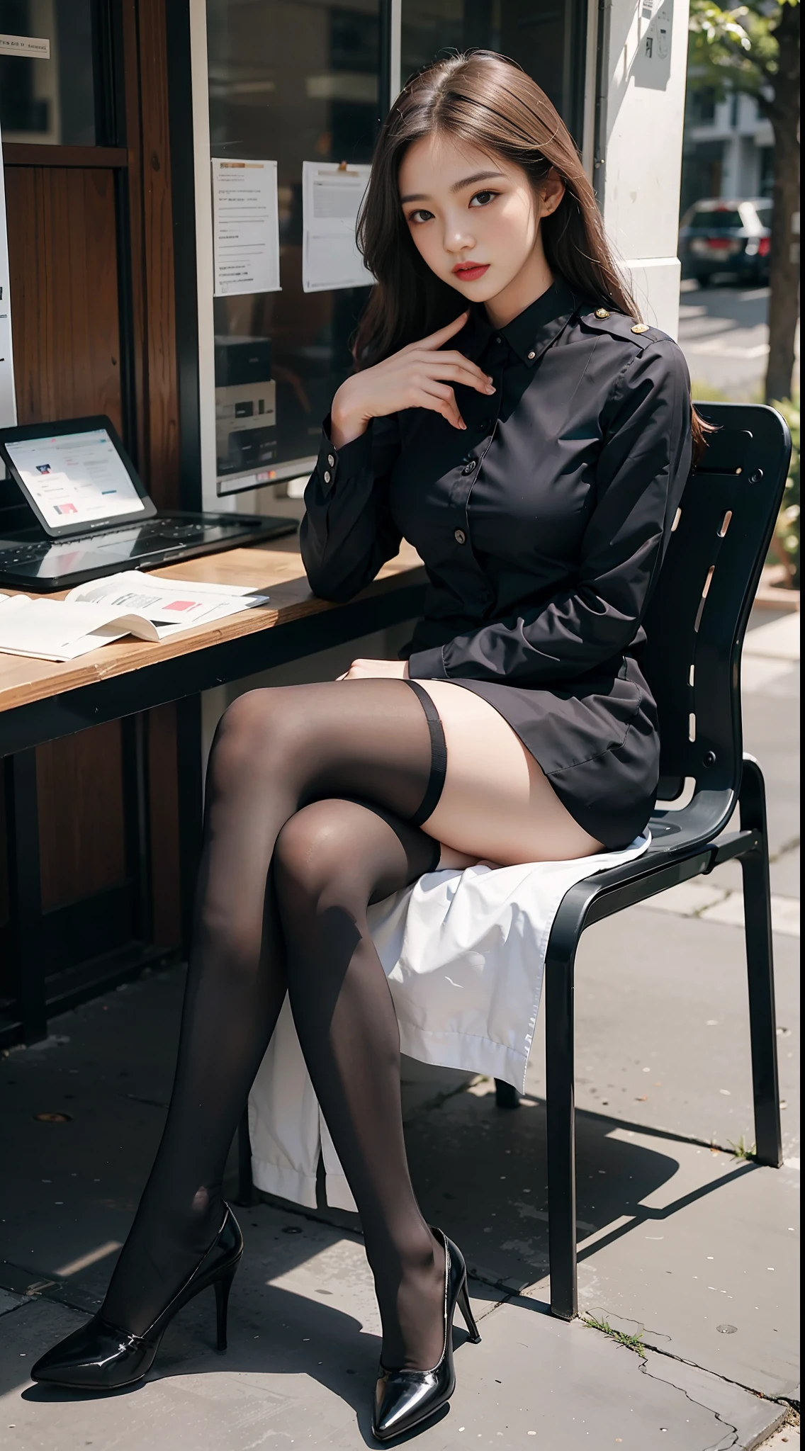 Bestquality, full body portrait,Refined face,Pretty Face,25 years old woman,Slim Figure,Mid-bust,OL Uniform,Office wear,Black Stockings,Outdoor Scene,Seated position
