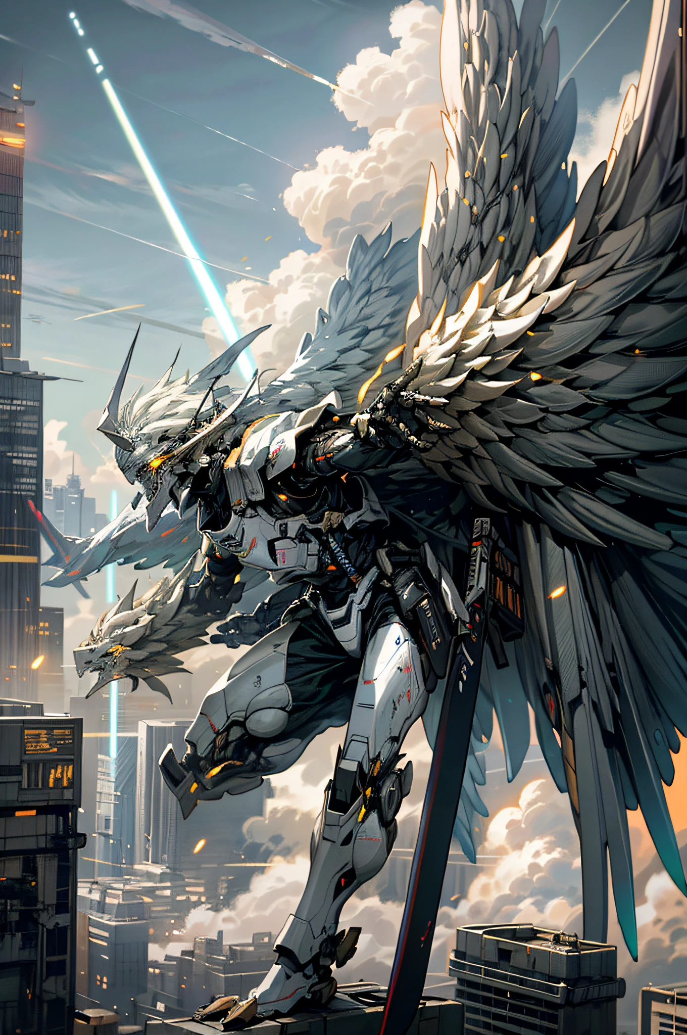 sky,cloud,(holding weapon),glowing,robot,building,glowing eyes,mecha,science fiction,city on fire,realistic,mecha,mechanical wings,(robot wings),dragon-shaped robot,luminous weapon,Lightsaber,Cities at War,1boy,