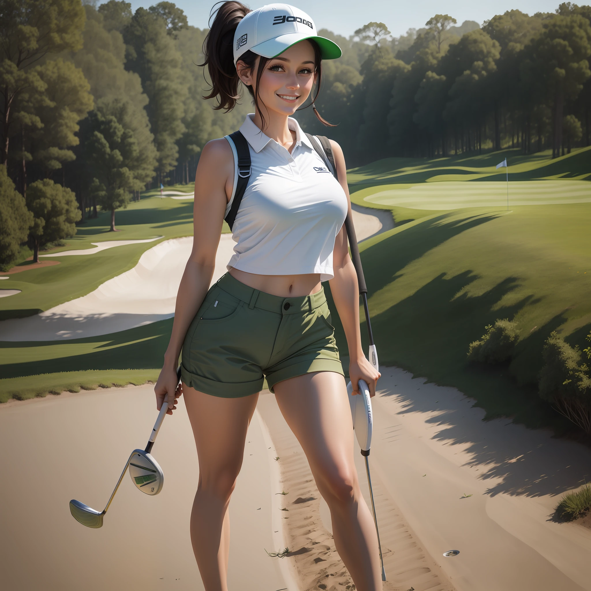 1woman, 30 years old, walking to the hole, near the flag in the green, full body,  playing golf, golf course, nice, short dark hair, white cap, ponytail, smiling, looking at viewer, cute face, holding a golf club, white open shirt, sleeveless, perfect butt, narrow waist, very short pants, big breasts,  from above, centered