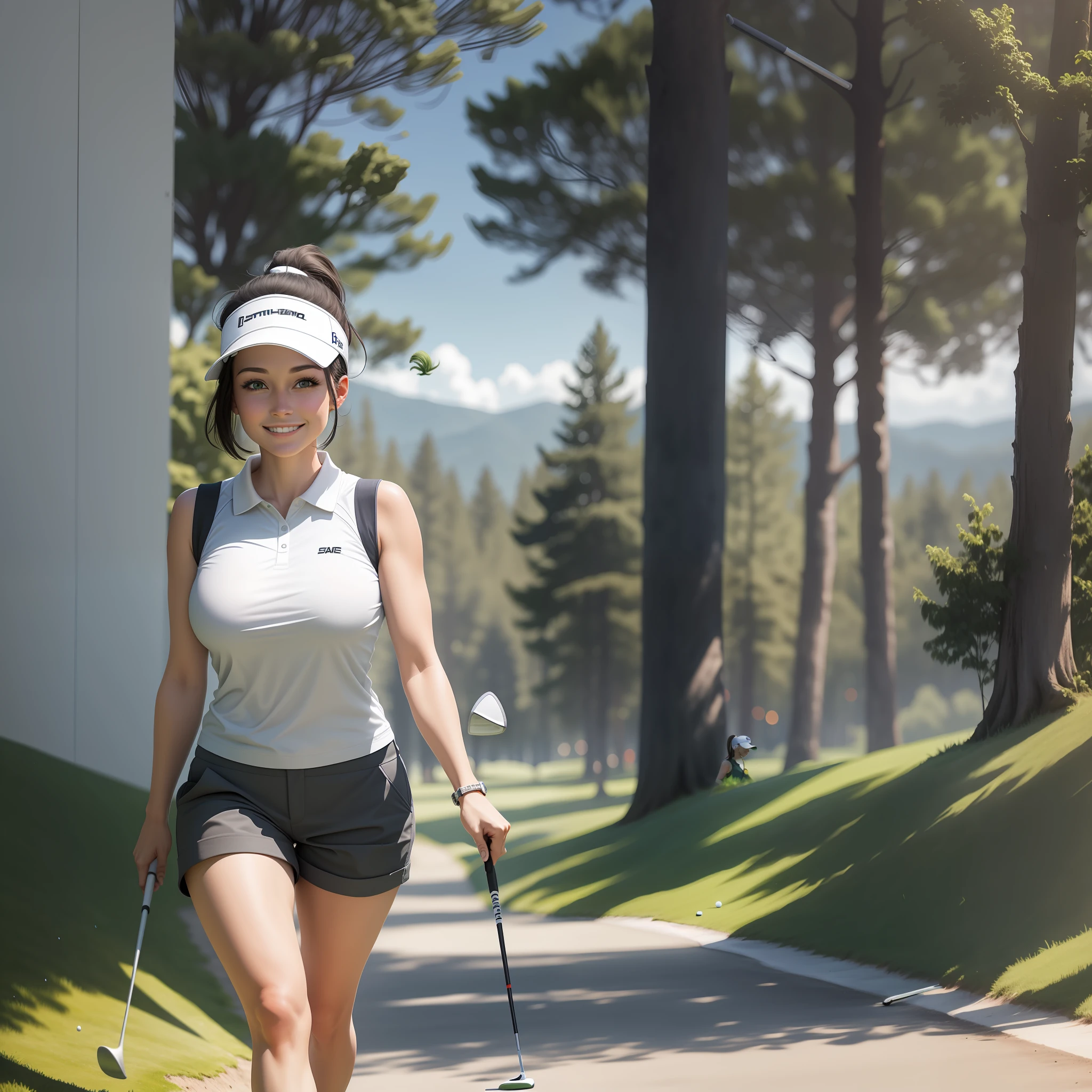 1woman, 30 years old, walking to the hole, near the flag in the green, full body,  playing golf, golf course, nice, short dark hair, white cap, ponytail, smiling, looking at viewer, cute face, holding a golf club, white open shirt, sleeveless, perfect butt, narrow waist, very short pants, big breasts,  from above, centered