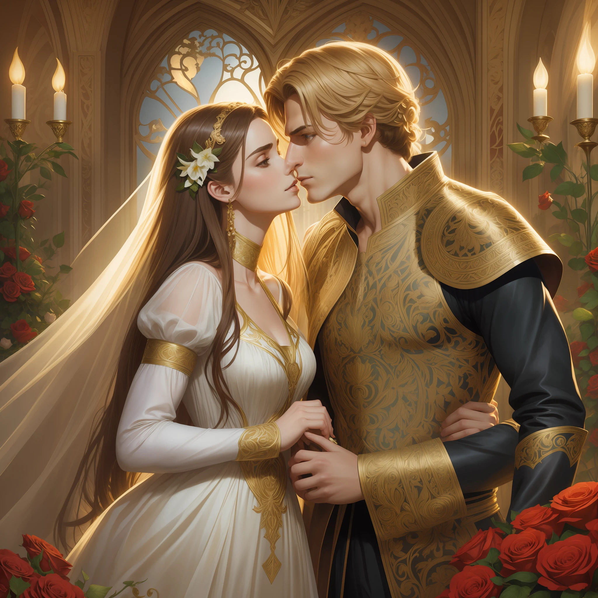 Couple kisses a home and a woman with much affection, the man Neels Visser is a prince who has golden blonde hair, wears a medieval military outfit and is in love with the commoner woman Lily Collins, who has curly brown black hair and wears a red dress, illustration of a romance book cover with a detailed background,  smooth, bright full of ivy-covered flowers and red roses, castle, ornate dress standing on a bed of roses, rim light, dynamic lighting, ethereal lighting, ultra detail, conceptual art, elegant, surreal, art by Lisa Aisato, Greg Hildebrandt, Citemer Liu, Stjepan Sejic, Samyang, Aykut Aydogdu, Justin Gerard, Alphonse Mucha, Artgerm, WLOP and Greg Rutkowski