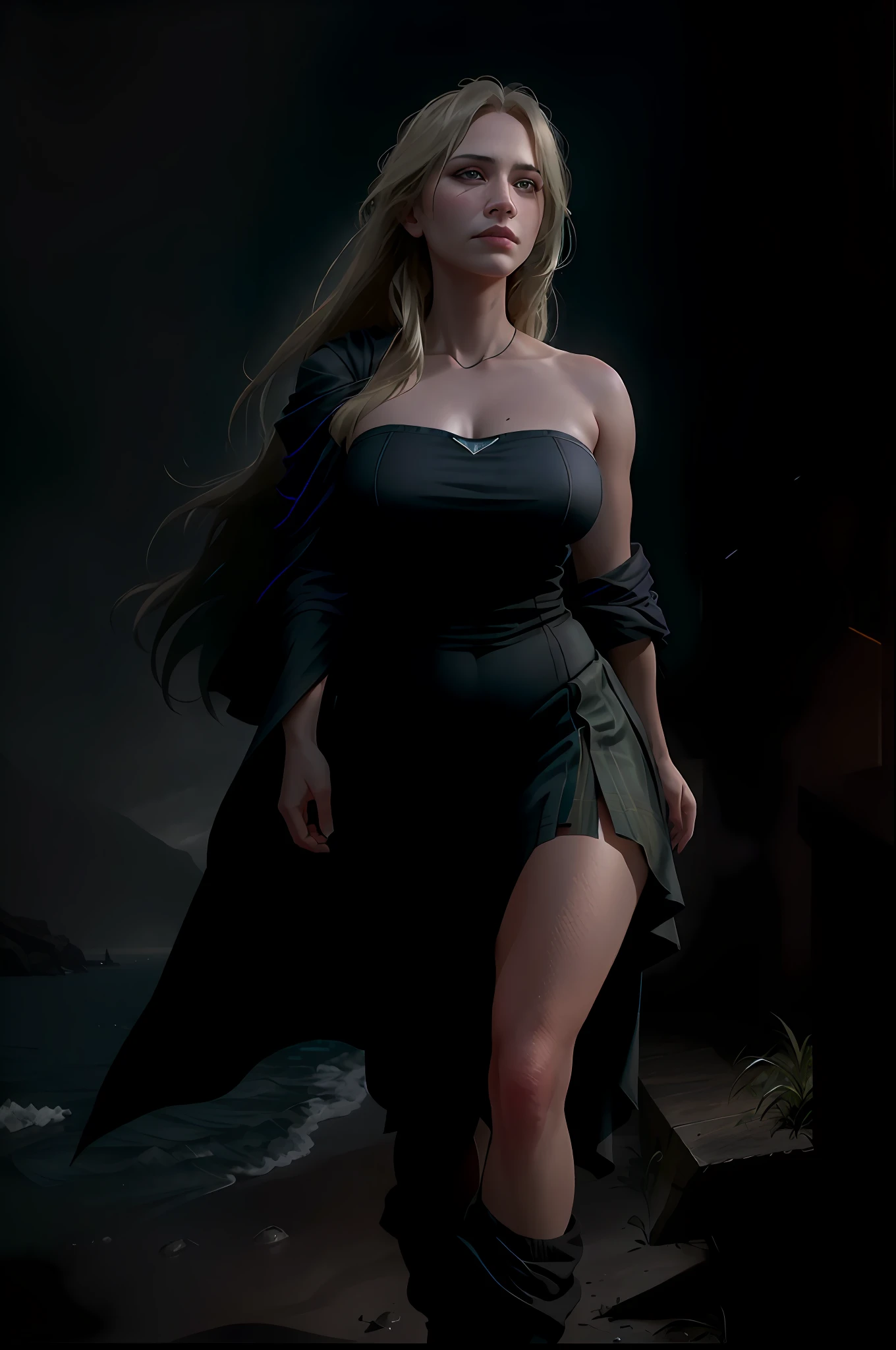 deep shadows,sinister,winning photograph,Bestquality,a masterpiece,upper half body,Women,,Windswept blonde hair,Emerald eyes,modern strapless dress by Jeremy Lipking,Antonio S. J. Manzanedo,Lee Jeffries Nikon D850 Movie Stock Photo 4 Kodak Portra 400 Camera F1.6 shots, rich colors, ultra-realistic realistic textures, dramatic lighting, Unreal Engine trends on the ArtStation CineStill 800、fisheye lens、Style-Kilt、Windy beach、scottish loch、forests