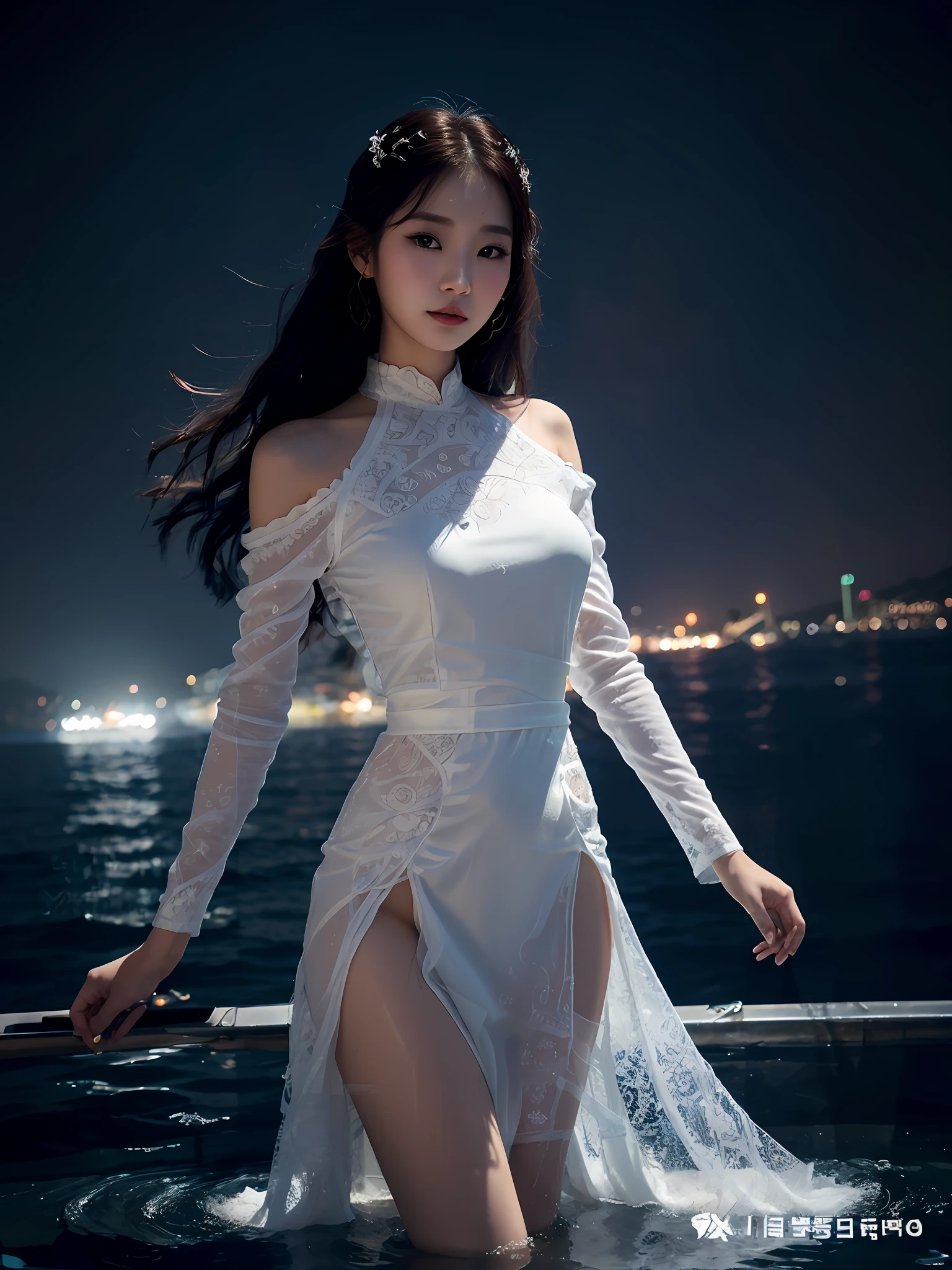 arafed woman in a white dress standing on a boat in the water, beautiful south korean woman, a beautiful woman in white, gorgeous young korean woman, queen of the sea mu yanling, korean women's fashion model, korean girl, heonhwa choe, a stunning young ethereal figure, beautiful young korean woman, korean woman, full body xianxia