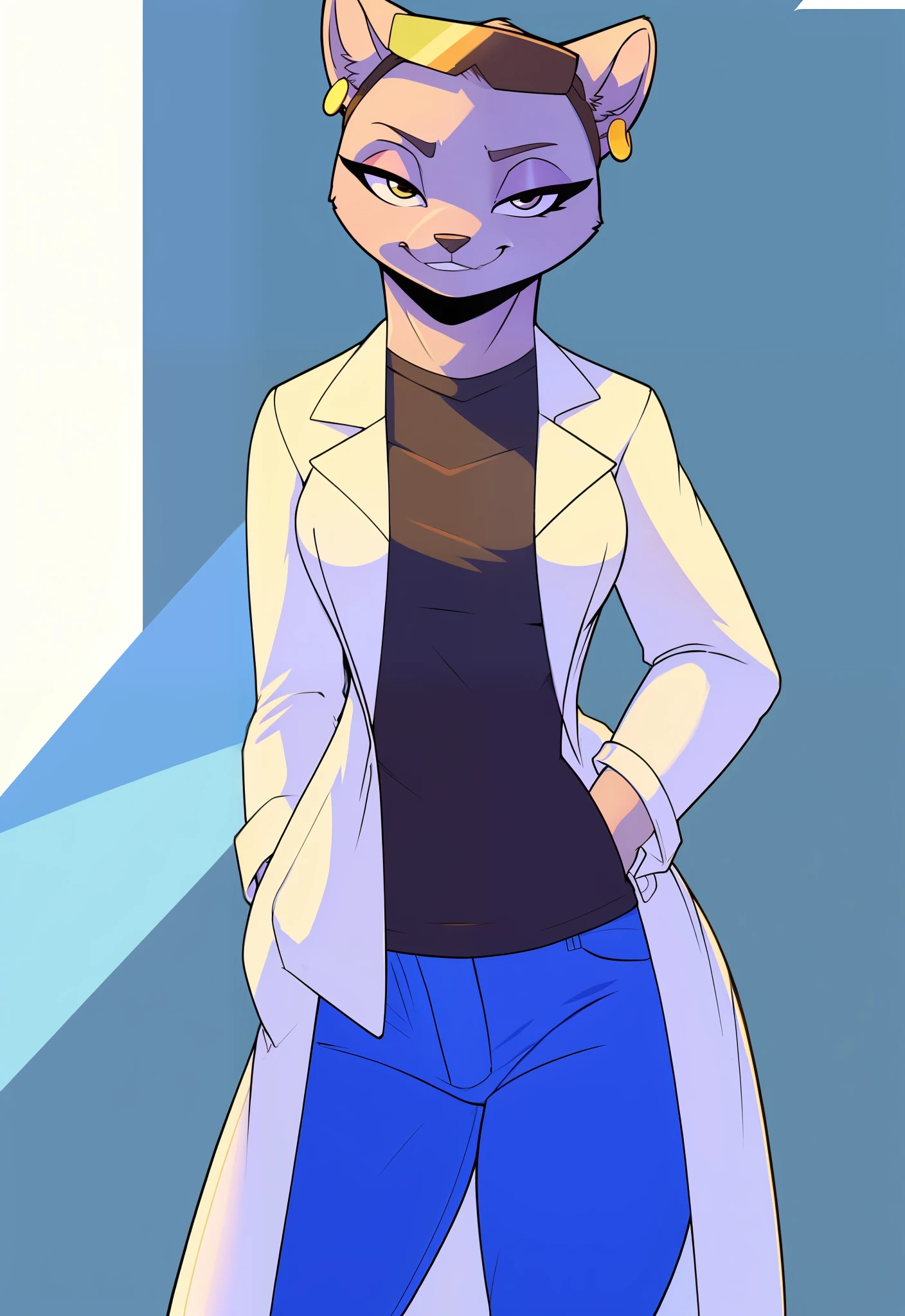 marie itami, furry, female, labcoat, black shirt, jeans, smirk, bust, hands in pockets