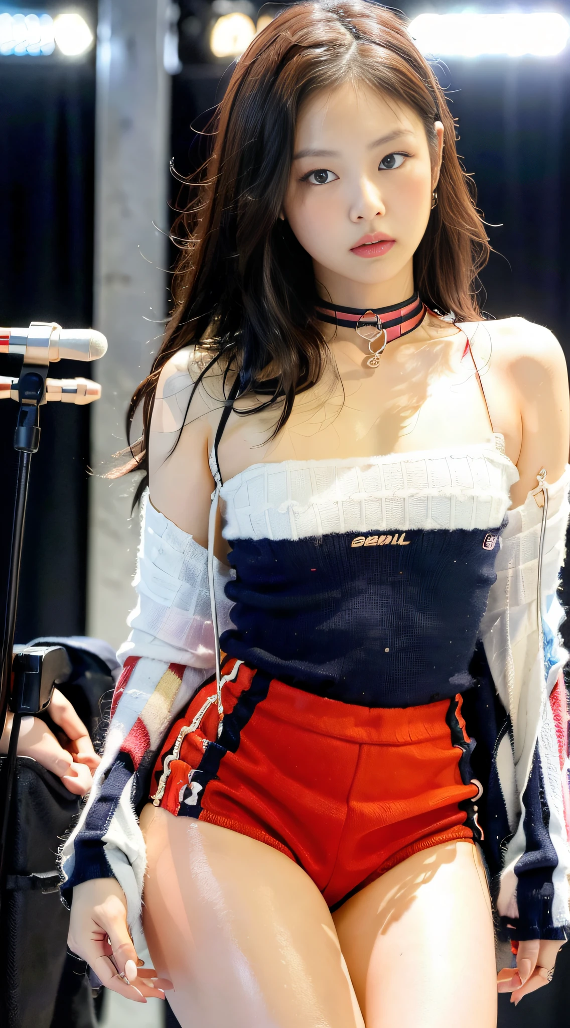 (1girl:1.3), solo, _ Kim Ji-ni Jennie face, wearing red armband sweater, cropped style, white bandeau underwear, shorts, sexy, cute, white socks, full body photo, looking at the audience, world-weary face, cold eyes, Korean style photo photos, photographic lighting, strong contrast, sunlight on the face, world-weary face, high-end sense, 8k resolution image, intricate symmetrical details. Smooth action, full picture.