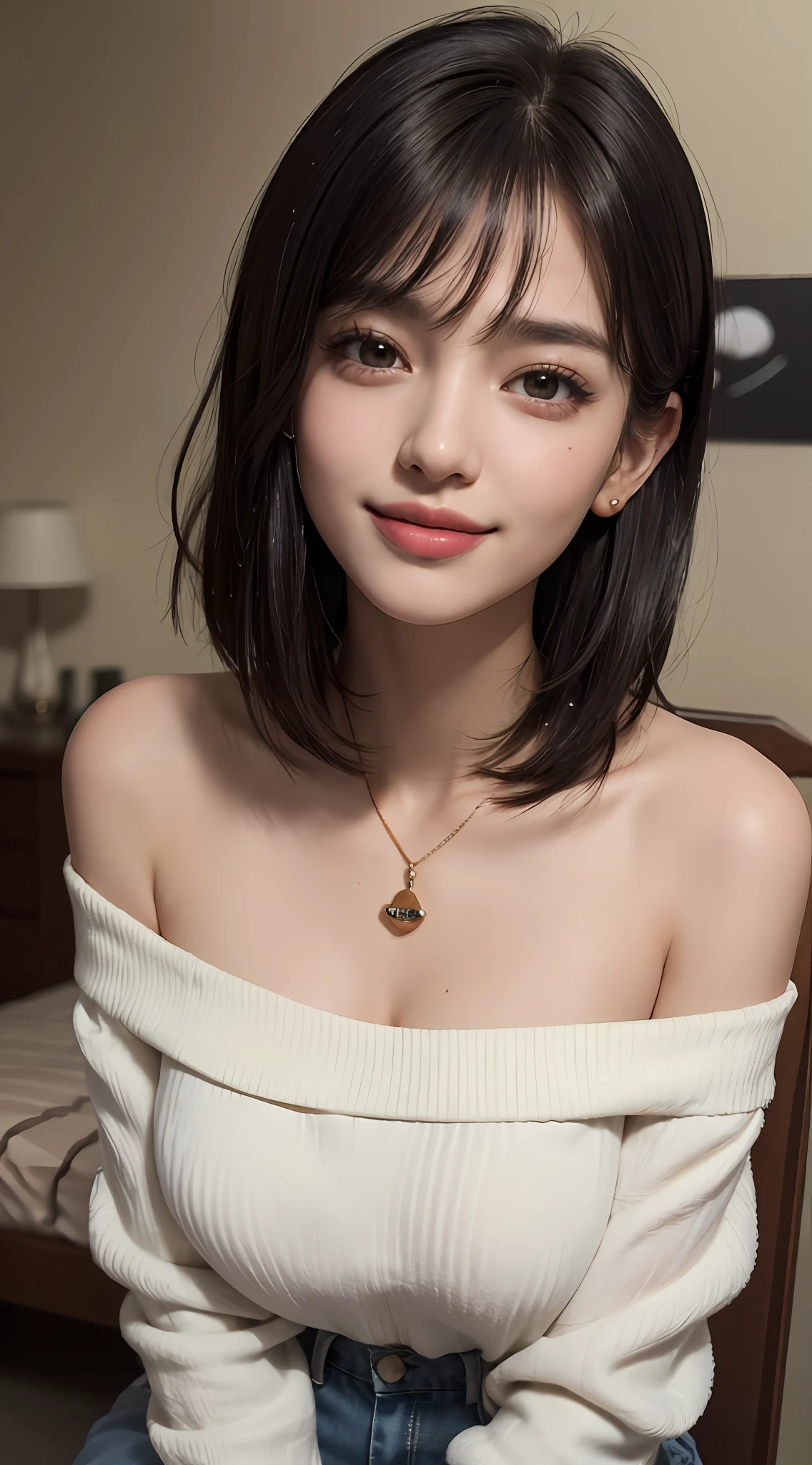 (top quality, 8k, masterpiece: 1.3), pretty woman with perfect figure: 1.4, dark brown hair, big, wearing pendants, torn shorts, sleeping in bedroom, very detailed face and skin, detailed eyes, double eyelids, top quality, masterpiece, (photorealistic: 1.4), one woman, golden ratio, high angle shot, upper eye care, low angle shot, perfect face, beautiful figure, cute face, face close-up, zoom in on face, short bob, short hair, smile from different angles, smile, gloss, highlight, gloss, glossy on skin, glossy on skin, wet skin, wet, bangs, cute smile, bust, off-shoulder, refreshing charm, elegant, perfect hands, smile from angle, smile, shiny, highlight, glossy skin, bangs, bust, big, Warm off-shoulder, refreshing charm, ears out, gaze to the camera, poses at different angles