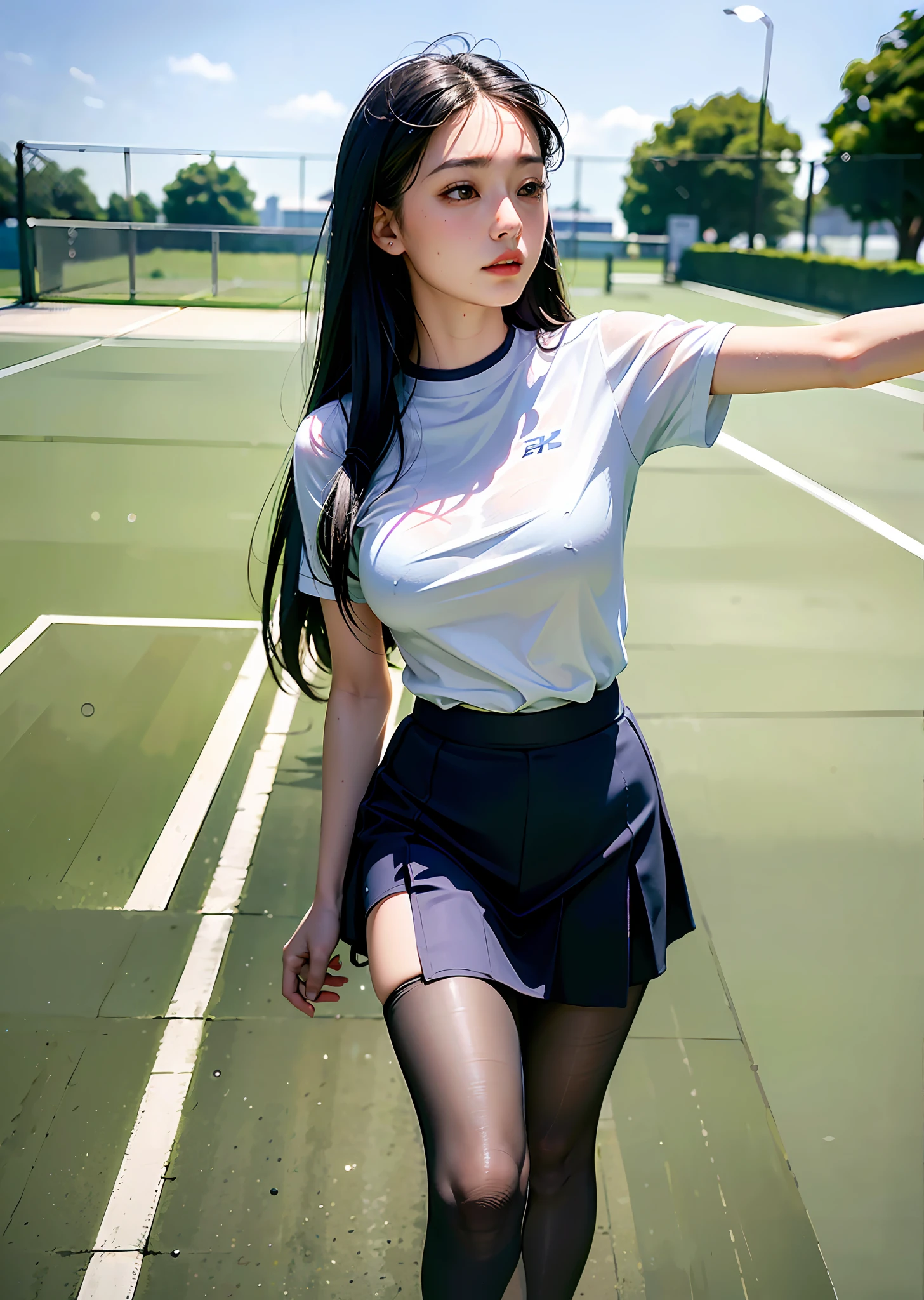(8k, Best Quality, Masterpiece: 1.2), (Realistic, Realistic: 1.37), Ultra Detailed, Best Quality, Ultra High Resolution, Professional Lighting, Photon Mapping, Radiosity, Physically Based Rendering, Cinematic Lighting, Clear sky, basketball court, depth of field, clear focus, sunlight, good composition, (Bokeh: 1.2) 1girl, single person, (full body), (closed mouth), beautiful detailed eyes, pose, narrow waist, tennis skirt, tennis skirt, tennis clothes, black hair, messy hair, long hair blowing in the wind, (ulzzang-6500:1.2), pantyhose, (rain, perspective, wet shirt, wet hair, wet clothes: 1.2 ),