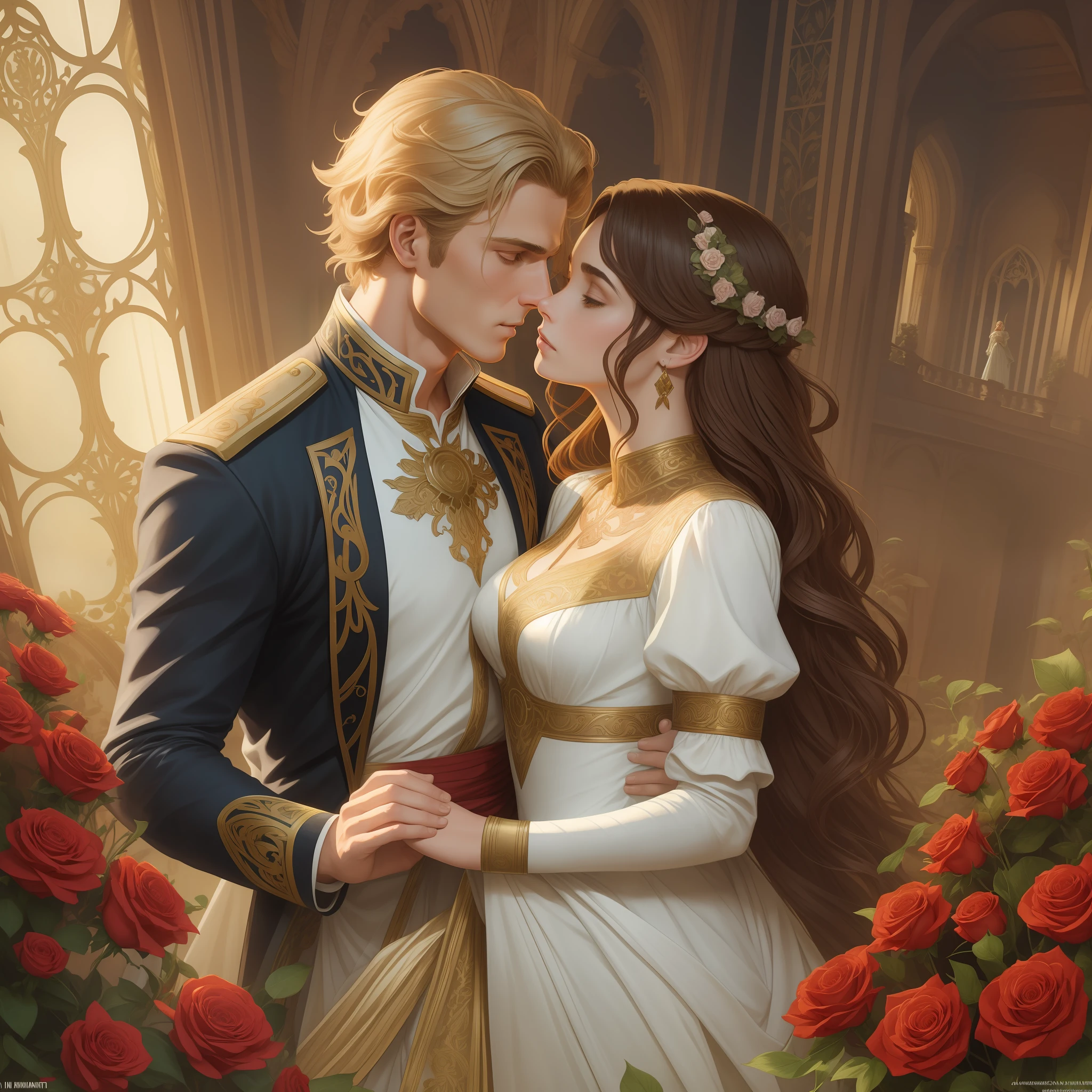 Couple kisses a home and a woman with much affection, the man Neels Visser is a prince who has golden blonde hair, wears a medieval military outfit and is in love with the commoner woman Lily Collins, who has curly brown black hair and wears a red dress, illustration of a romance book cover with a detailed background,  smooth, bright full of ivy-covered flowers and red roses, castle, ornate dress standing on a bed of roses, rim light, dynamic lighting, ethereal lighting, ultra detail, conceptual art, elegant, surreal, art by Lisa Aisato, Greg Hildebrandt, Citemer Liu, Stjepan Sejic, Samyang, Aykut Aydogdu, Justin Gerard, Alphonse Mucha, Artgerm, WLOP and Greg Rutkowski