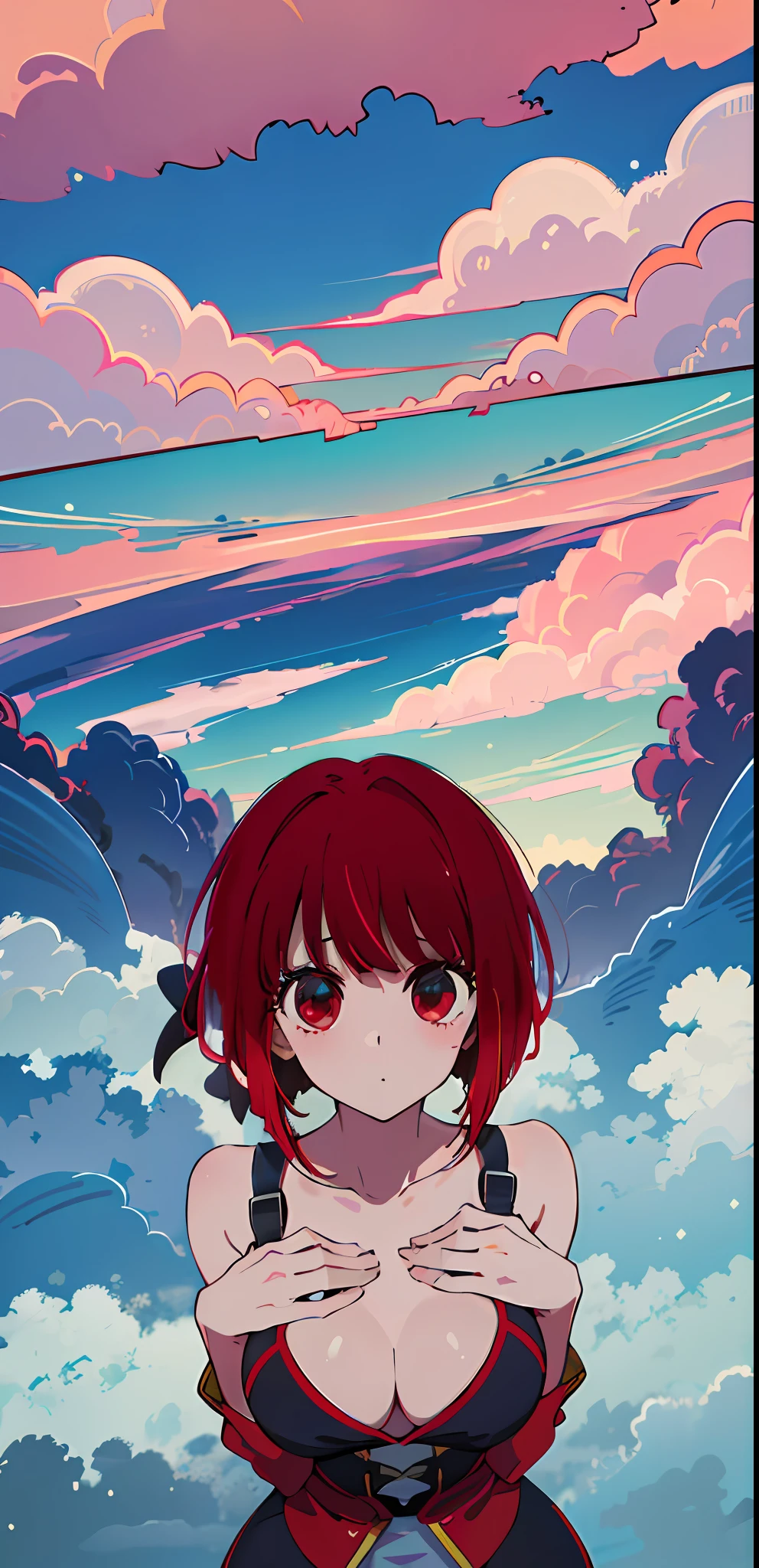 (incredibly absurdres), (best quality), high resolution, highres, distinct image, solo focus, flying, sky high, air current, (above clouds:1.3), (Air Drop, high falling:1.1), 1girl,  red hair, red eyes, medium breast,from above, ground,