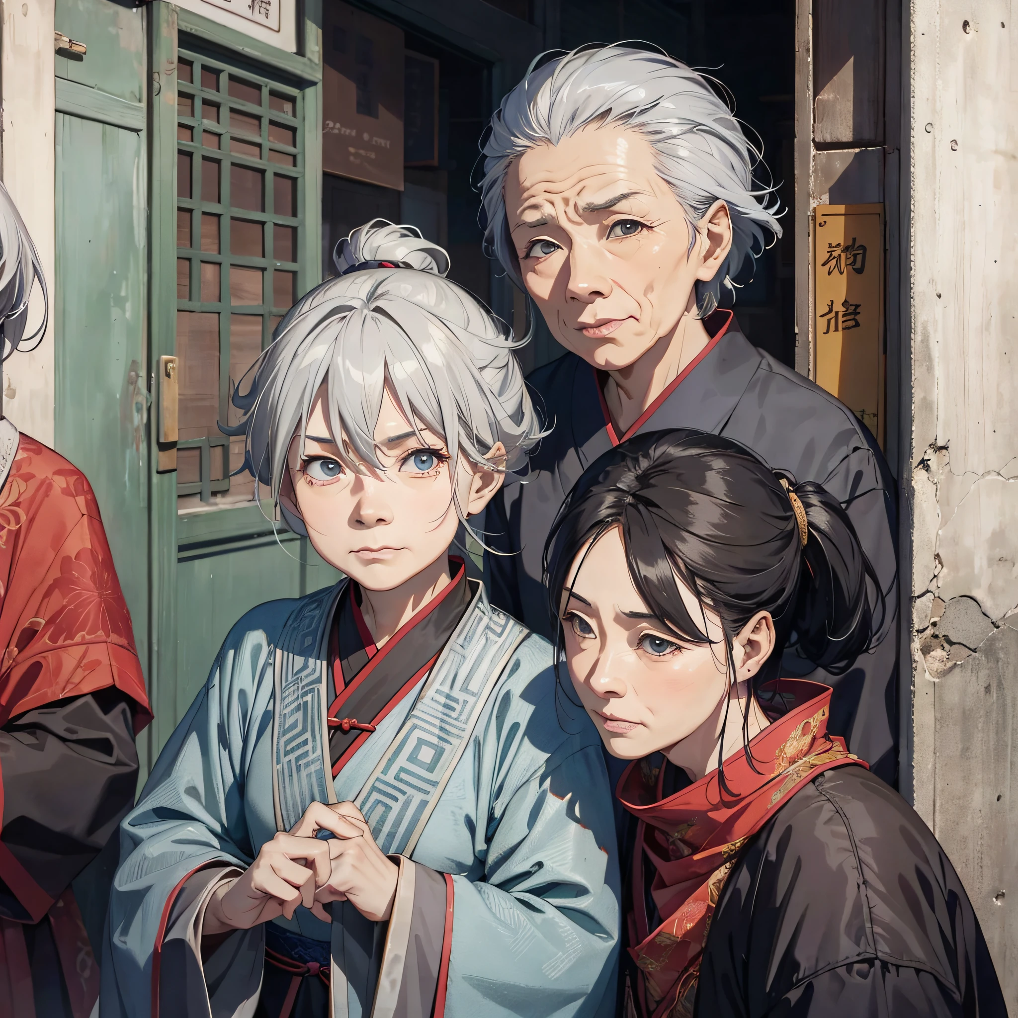 Ancient China,A group of gray-haired elderly women,A pleading expression,Watch the camera together on the side of the street
