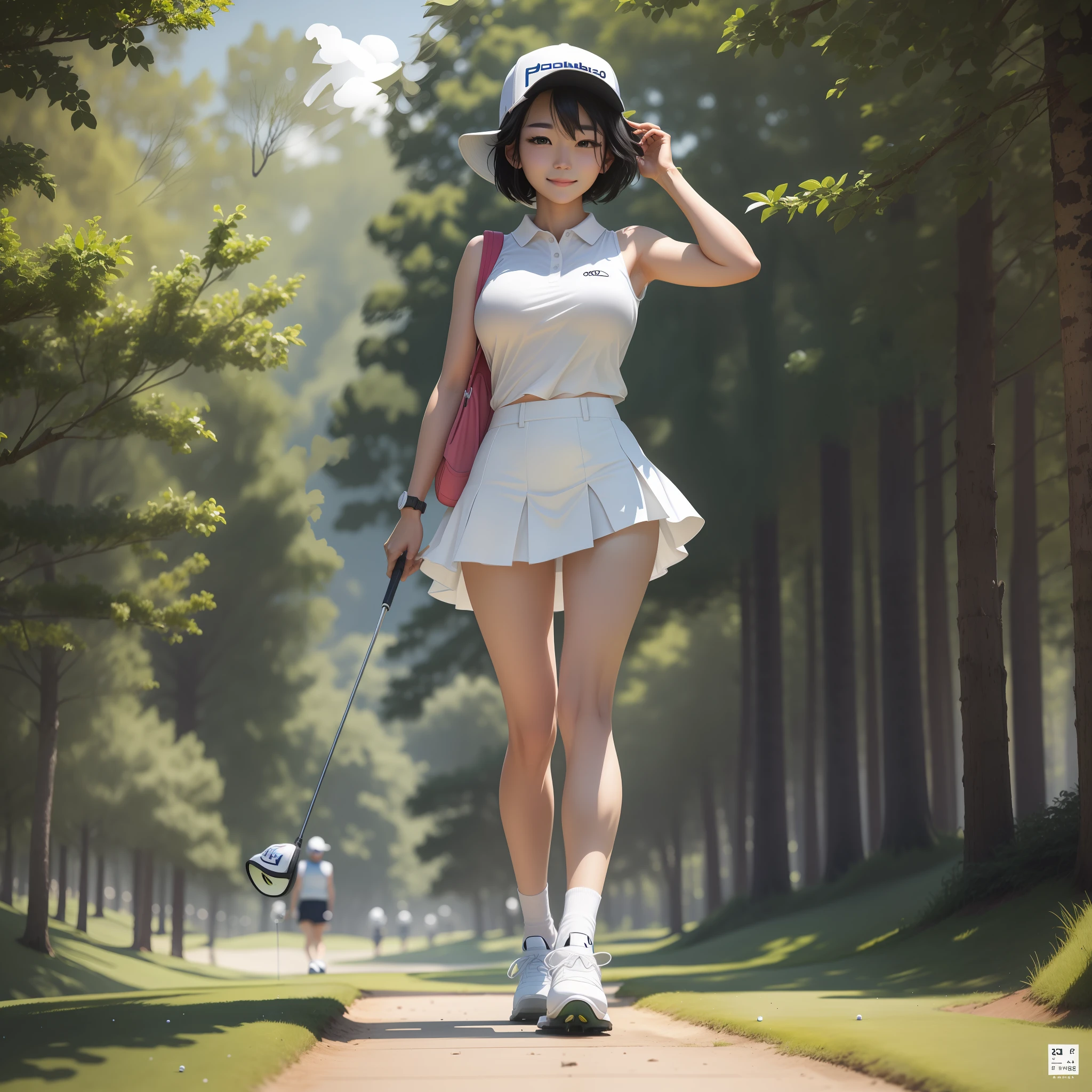 1women、30 year old、Walk to the hole、Near the green flag、All over body、Playing golf、golf course、great、short dark hair、white headwear、ponie tail、smiles、watching the viewer、cuteface、Have golf clubs、White open shirt、sleeveless、Perfect ass、Thin Waist、very short skirt、Big Boobs、from top、Middle