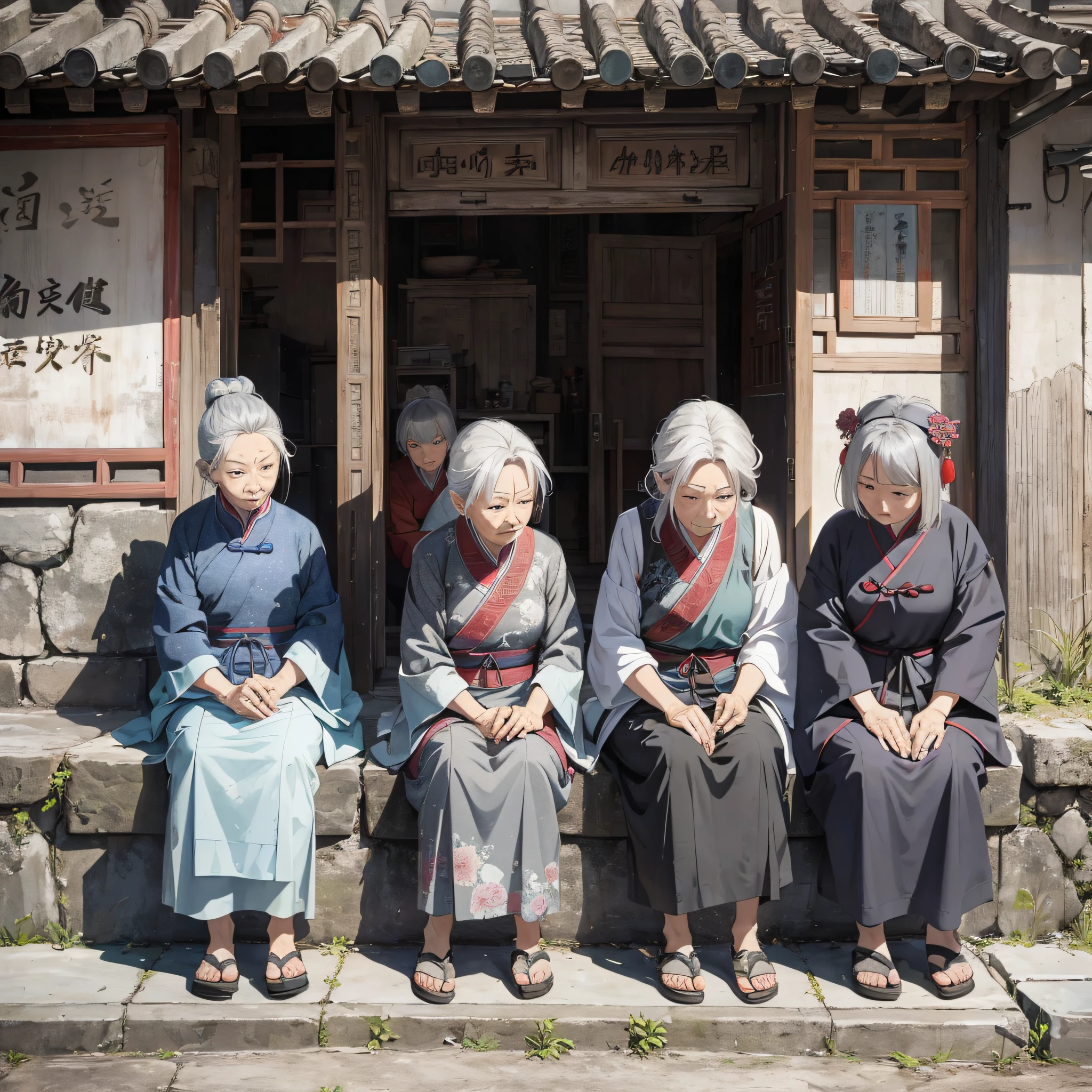 Ancient China，A group of gray-haired elderly women，A pleading expression，Watch the camera together on the side of the street