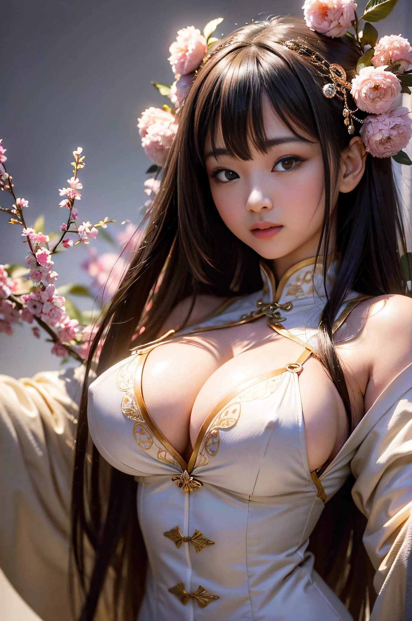 (realism、:1 ), (Breakdown:1 ), (lifelike, realism、:1),(Medium view:1 ),(Half body),GIRL ,highest quality,An ultra-high image quality,Chinatown,vest,Long color hair,Big Boobs,areola,,NIPPLE,bust、,waist,smail,slimness,Opening of the jacket,Dresses,No buttons,Transparent,valley,Cleavage cutout,Shoulders exposed,bangs,Landing、Attractive buttocks、beautiful detail,(intricate detailing:1.2)、Beautiful Detailed Eyes、Endless smile、Huge File Size、Super Detailed、Highres、extremelydetailed、,Japanese goddess、young asian girl、asian girl、Japan model,Perfect style、mystical、