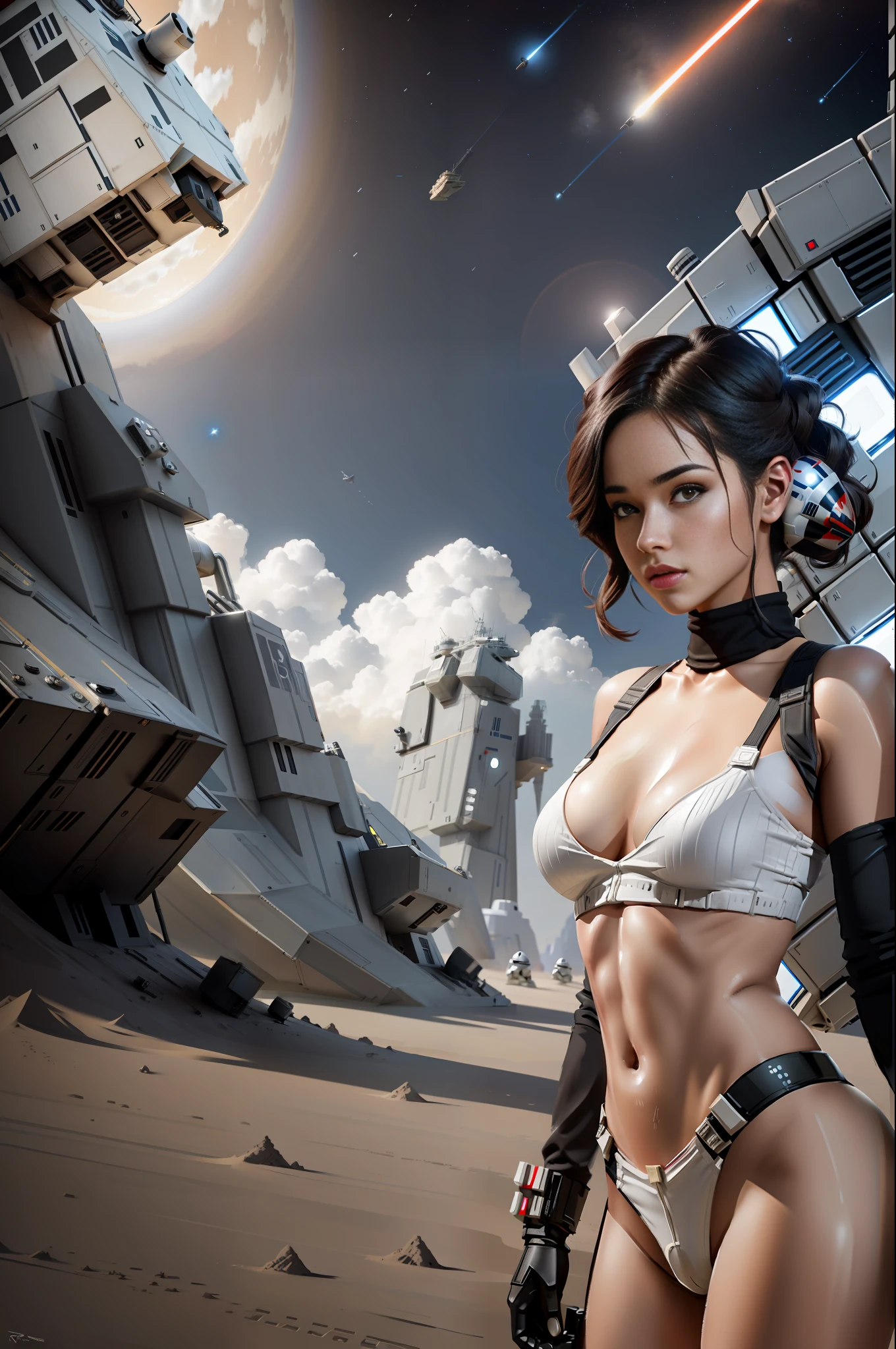 Sexy female stormtrooper caught in the middle of taking her clothes off, wearing barely anything, Star Wars ship setting, highly detailed, 8k