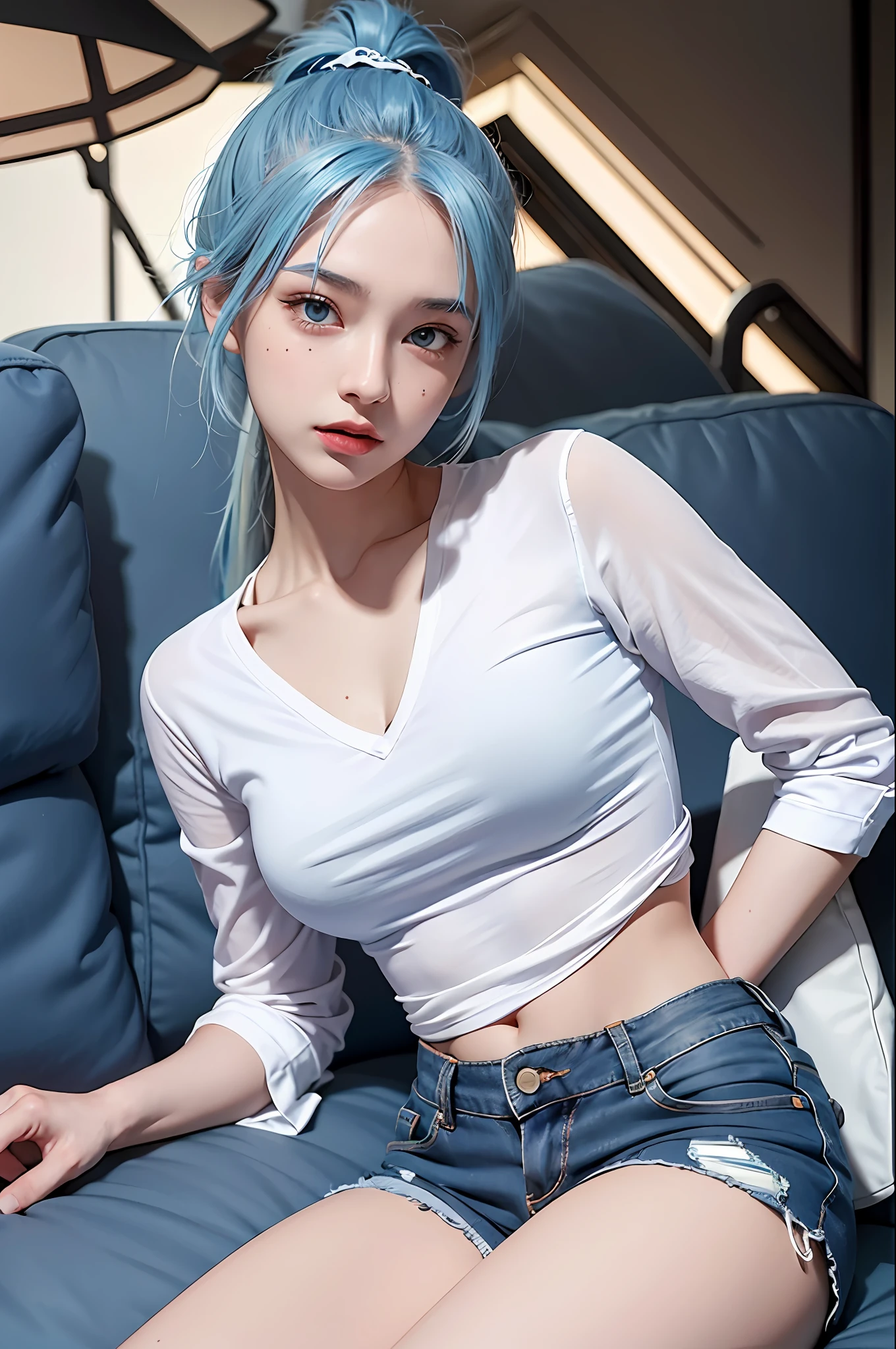 photorealistic, high resolution, 1 girl, ponytail blue hair, Korean, blue eyes, small mole below the eye, loose white shirt, tight jean shorts, medium chest, perky, thick thighs