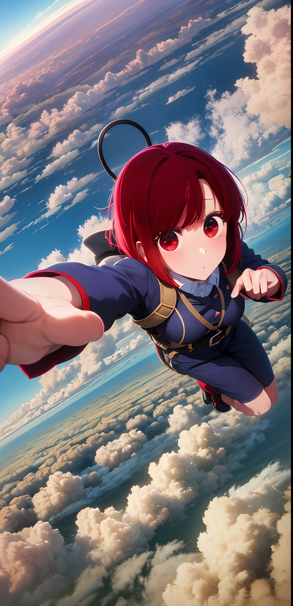 (incredibly absurdres), (best quality), high resolution, highres, distinct image, solo focus, flying, sky high, air current, (above clouds:1.3), (Air Drop, high falling:1.1), 1girl, red hair, red eyes, medium breast,from above, ground,