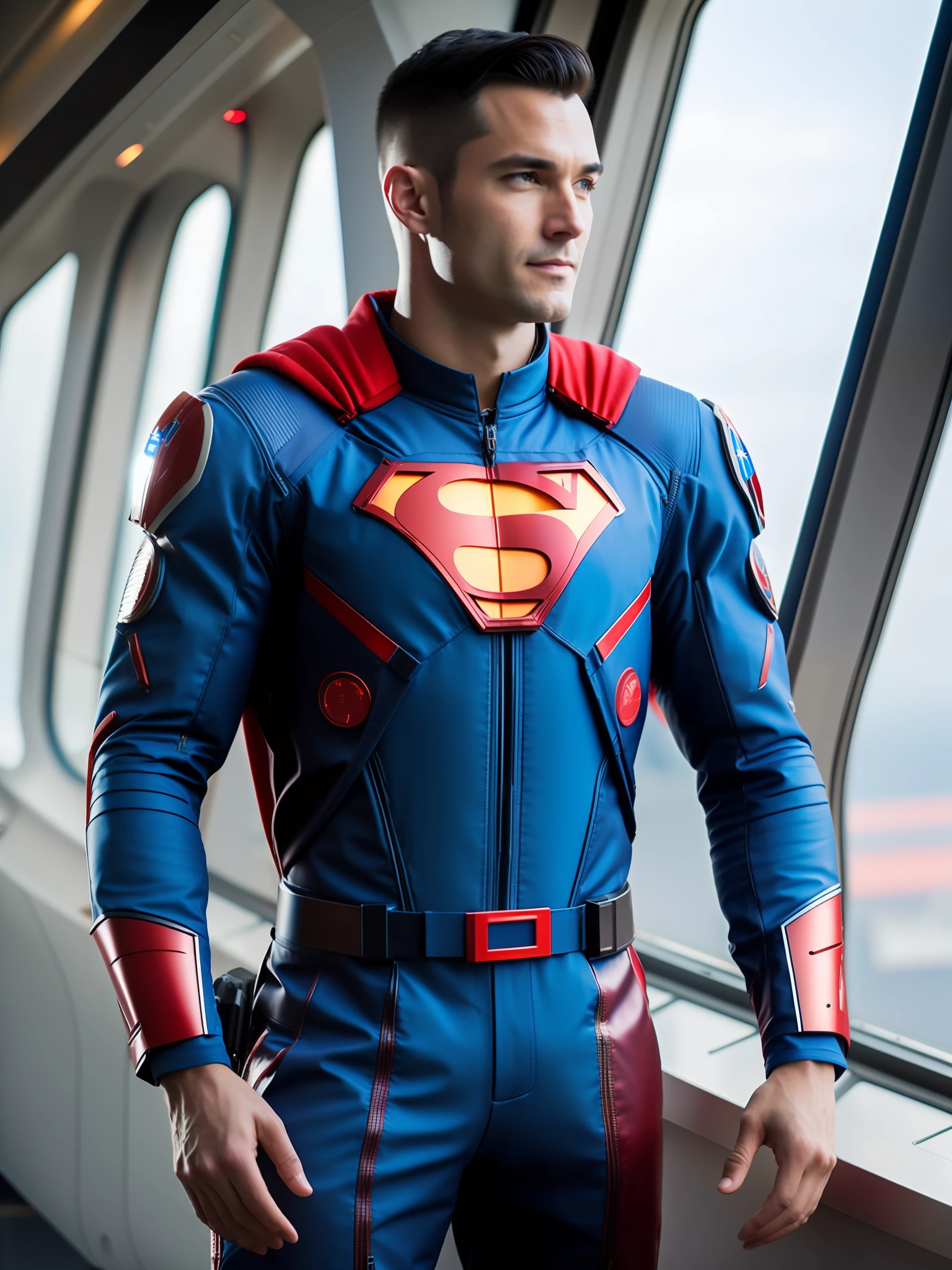 Superman fking_scifi, award-winning photo of a man, blue flight suit with red accents, square jawline, asymmetric face, standing in front of a window on a space ship, 80mm, bokeh, mass effect, close up, fking_cinema_v2