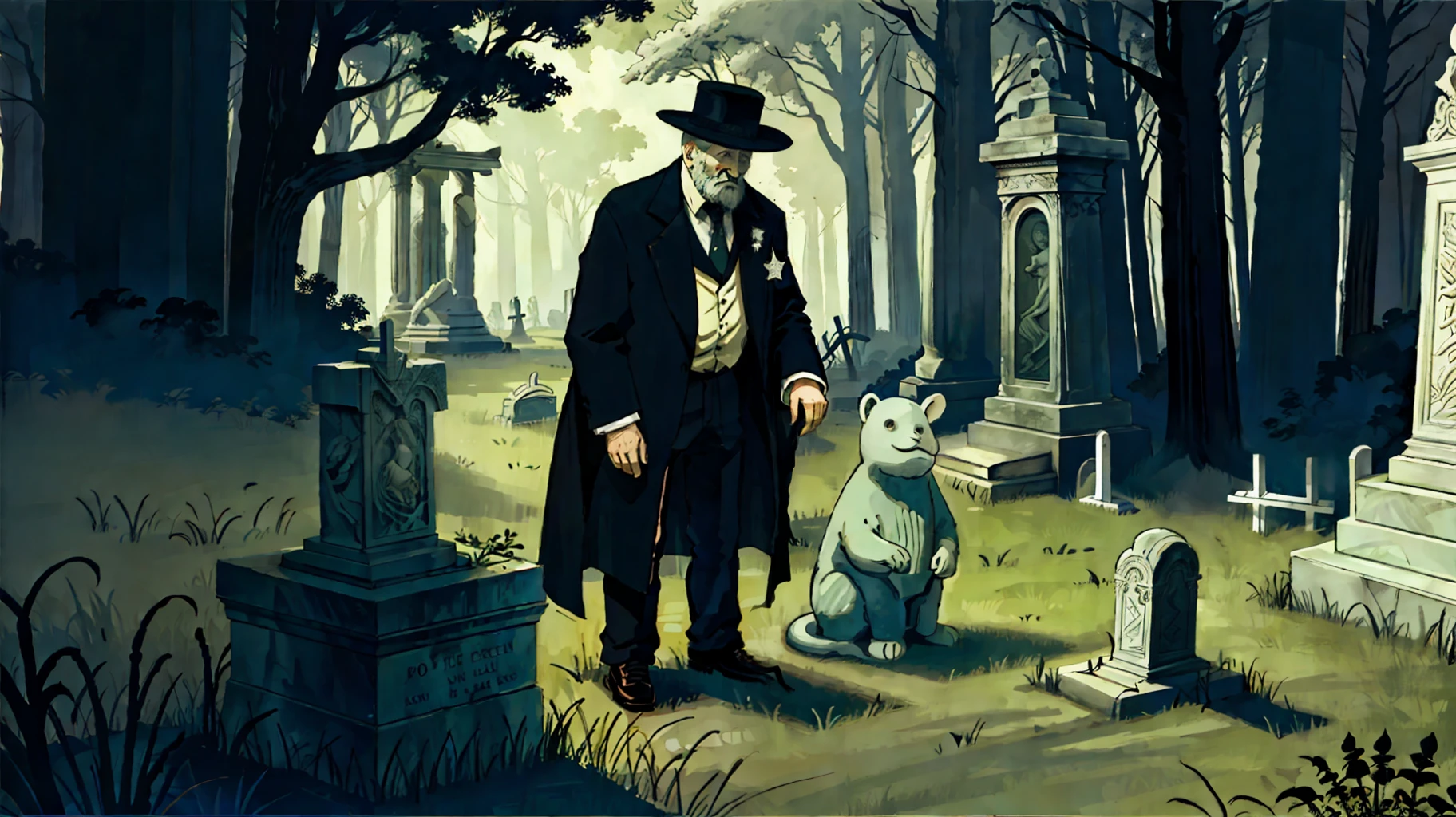 An elemental cryptid in an enchanting cemetery by Edward Gorey and Fritz Bleyl