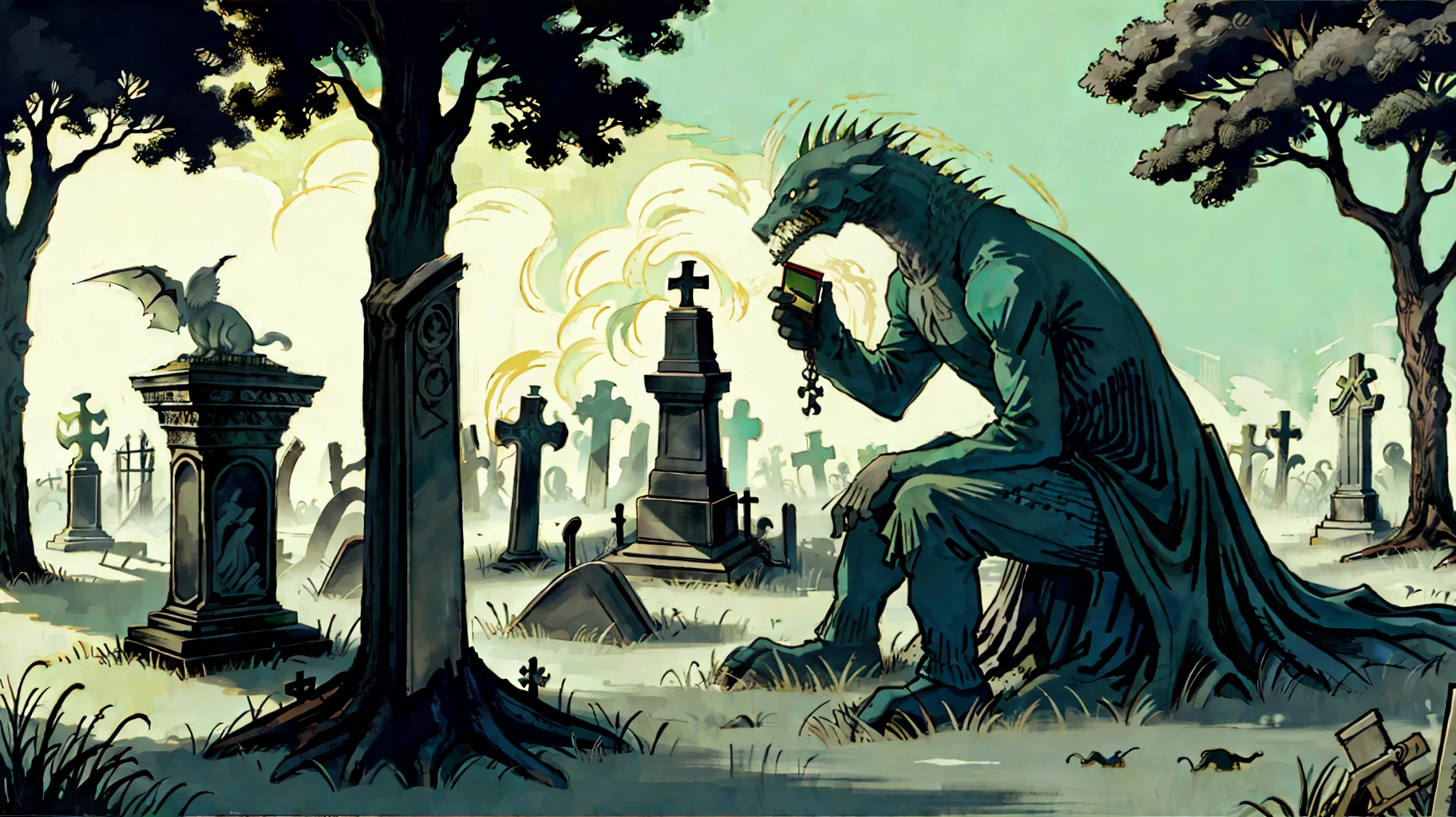 An elemental cryptid in an enchanting cemetery by Edward Gorey and Fritz Bleyl