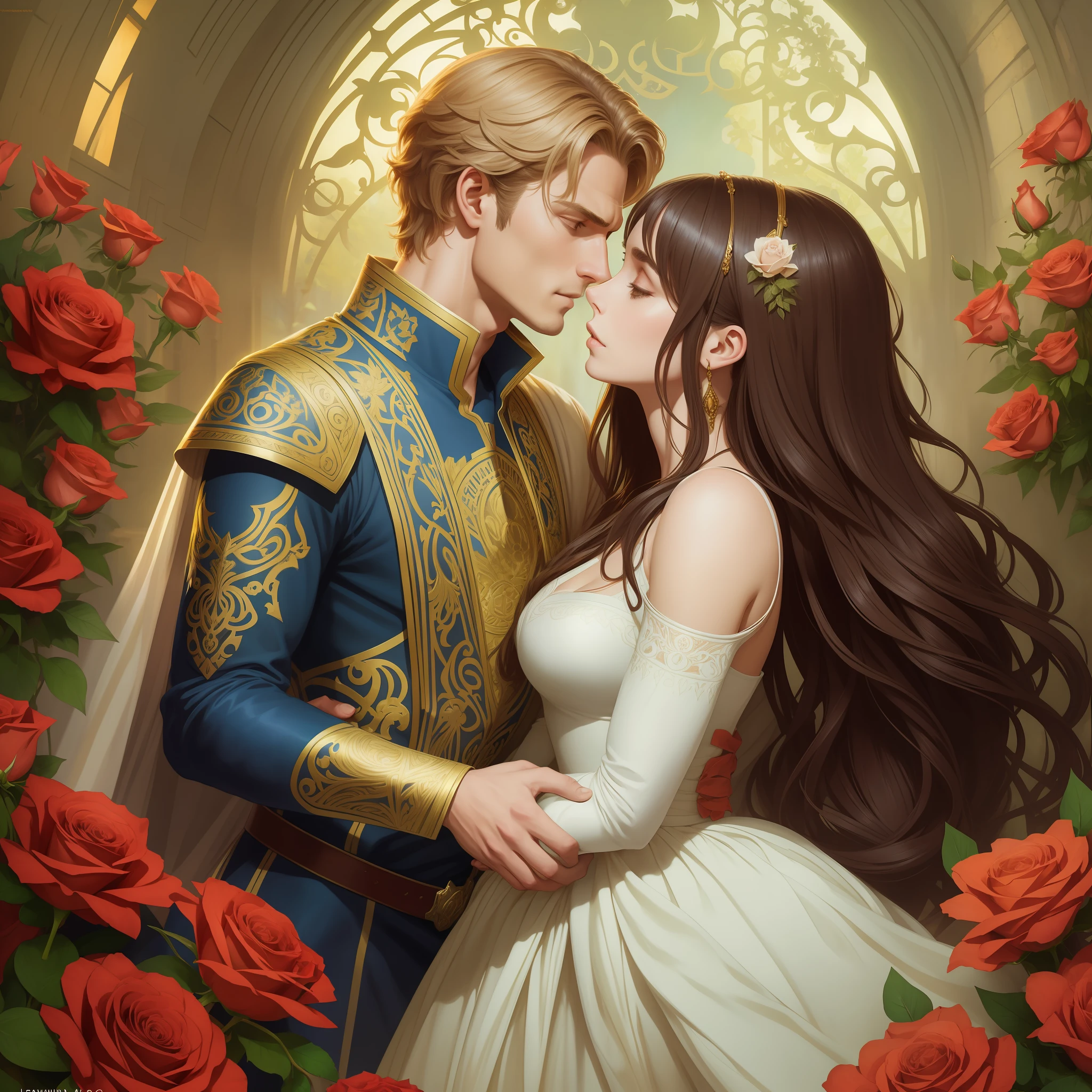 Couple kisses a home and a woman with much affection, the man Neels Visser is a prince who has golden blonde hair, wears a medieval military outfit and is in love with the commoner woman Lily Collins, who has curly brown black hair and wears a red dress, illustration of a romance book cover with a detailed background, smooth, bright full of ivy-covered flowers and red roses, castle, ornate dress standing on a bed of roses, rim light, dynamic lighting, ethereal lighting, ultra detail, conceptual art, elegant, surreal, art by Lisa Aisato, Greg Hildebrandt, Citemer Liu, Stjepan Sejic, Samyang, Aykut Aydogdu, Justin Gerard, Alphonse Mucha, Artgerm, WLOP and Greg Rutkowski