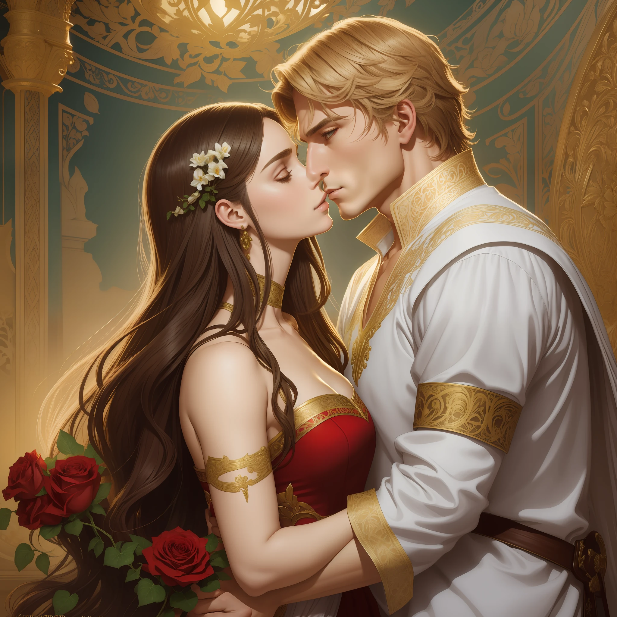 Couple kisses a home and a woman with much affection, the man Neels Visser is a prince who has golden blonde hair, wears a medieval military outfit and is in love with the commoner woman Lily Collins, who has curly brown black hair and wears a red dress, illustration of a romance book cover with a detailed background,  smooth, bright full of ivy-covered flowers and red roses, castle, ornate dress standing on a bed of roses, rim light, dynamic lighting, ethereal lighting, ultra detail, conceptual art, elegant, surreal, art by Lisa Aisato, Greg Hildebrandt, Citemer Liu, Stjepan Sejic, Samyang, Aykut Aydogdu, Justin Gerard, Alphonse Mucha, Artgerm, WLOP and Greg Rutkowski