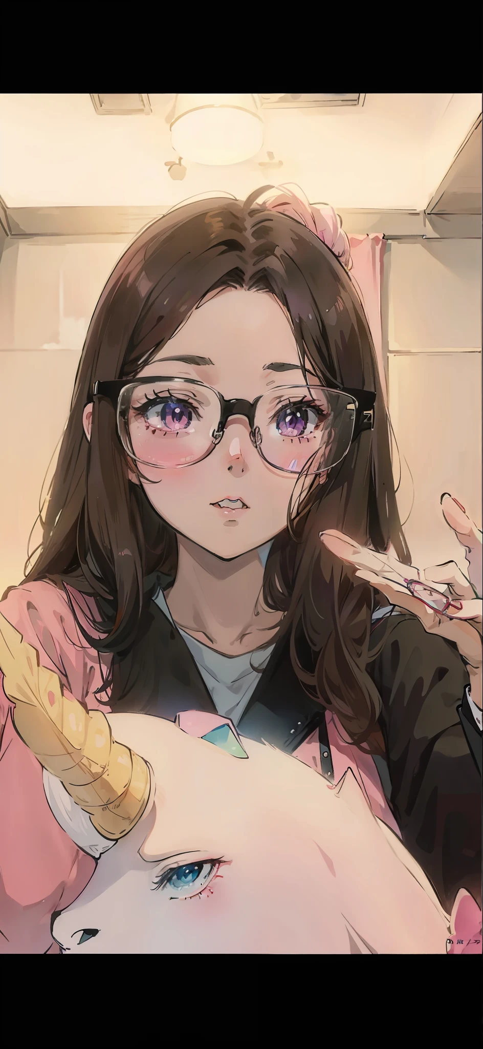 (cartoon anime,Hand to Yay)Hold(Pink unicorn)up of the(Girl with glasses)Watching(screens)(:1.2)