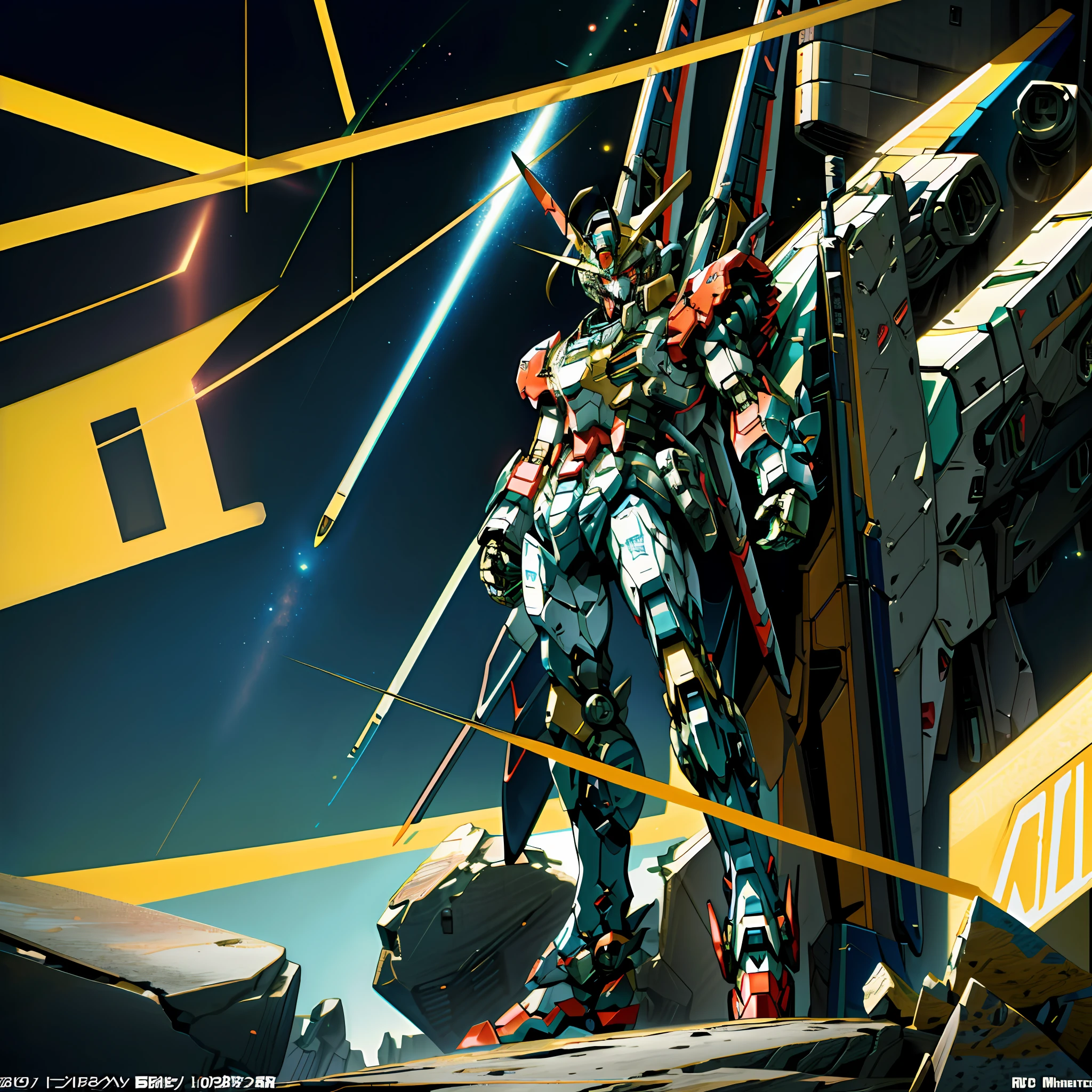 a close up of a robot standing on a rock near a space station, modern mecha anime, an anime large mecha robot, mecha anime, mobile suit, gurenn lagann, modern sci-fi anime, official anime artwork, sci fi anime, mecha art, sci-fi anime, super robot wars, gundam robot, macross franchise