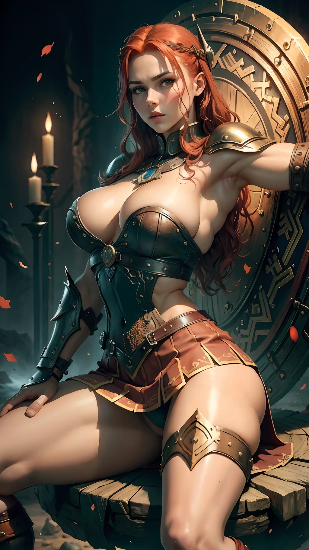 Beautiful viking woman holding shield red hair extremely sexy clothes, muscular body, large breasts, short skirt, panties, legs open, sitting,