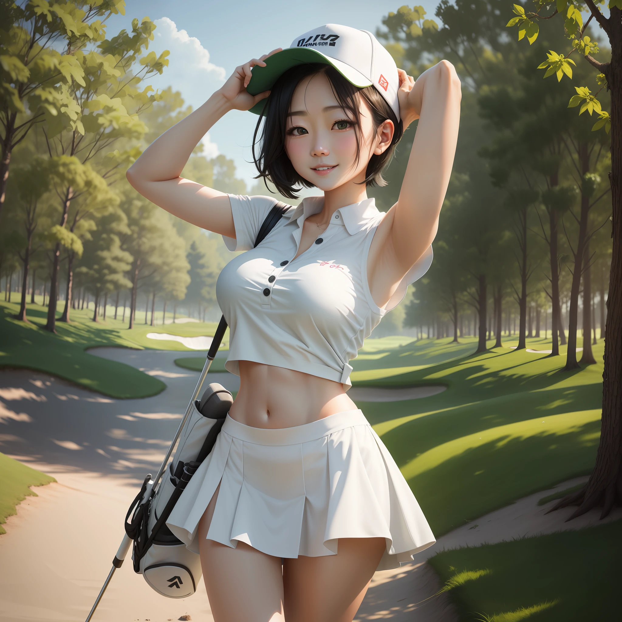 1women、30yo、Walk to the hole、Near the green flag、All over body、Playing golf、golf course、、great、short dark hair、white headwear、ponie tail、smiles、watching the viewer、cuteface、Have golf clubs、White open shirt、sleeveless、、Perfect ass、Thin Waist、very short skirt、Big Boobs、from top、Middle