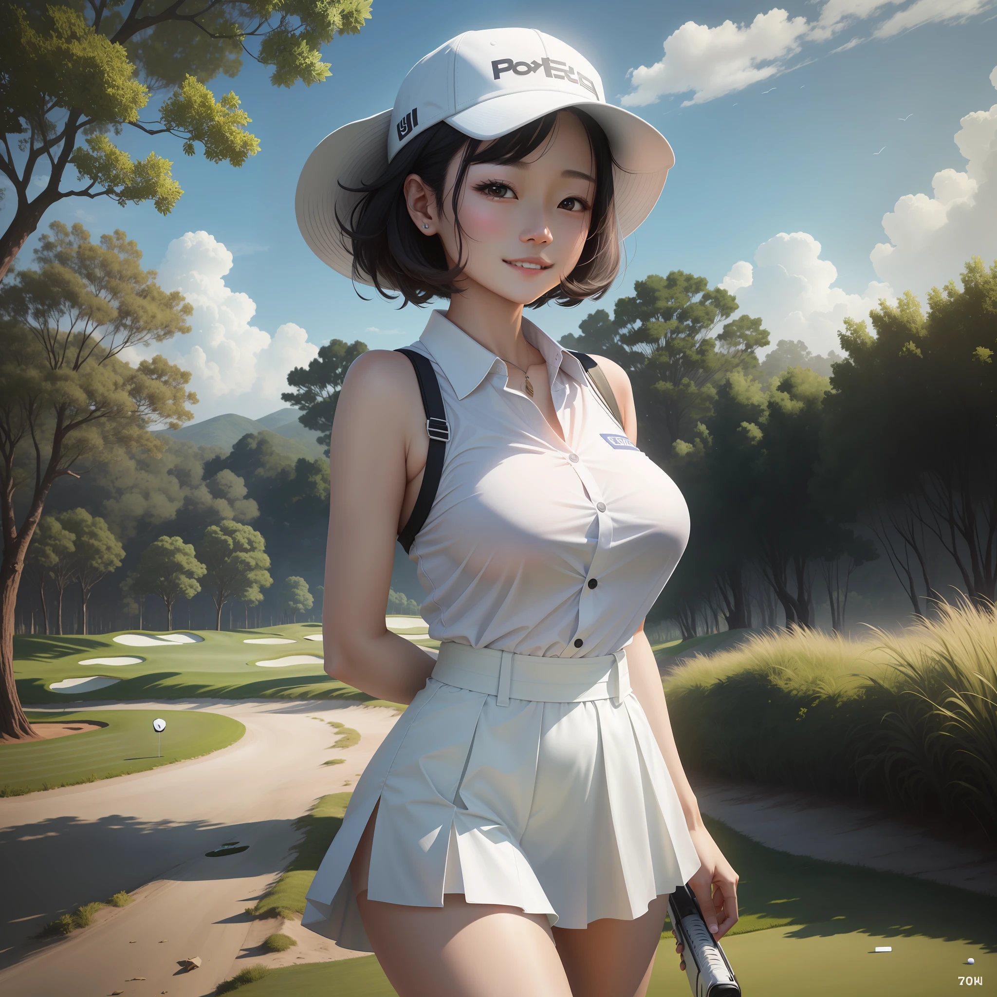 1women、30yo、Walk to the hole、Near the green flag、All over body、Playing golf、golf course、、great、short dark hair、white headwear、ponie tail、smiles、watching the viewer、cuteface、Have golf clubs、White open shirt、sleeveless、、Perfect ass、Thin Waist、very short skirt、Big Boobs、from top、Middle