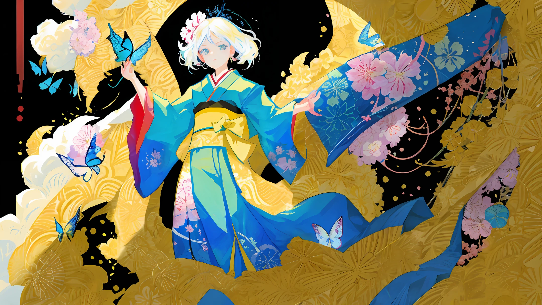 Japan furisode pattern、colorfully、ornate、Blossom、butterflies、wallpapers、design