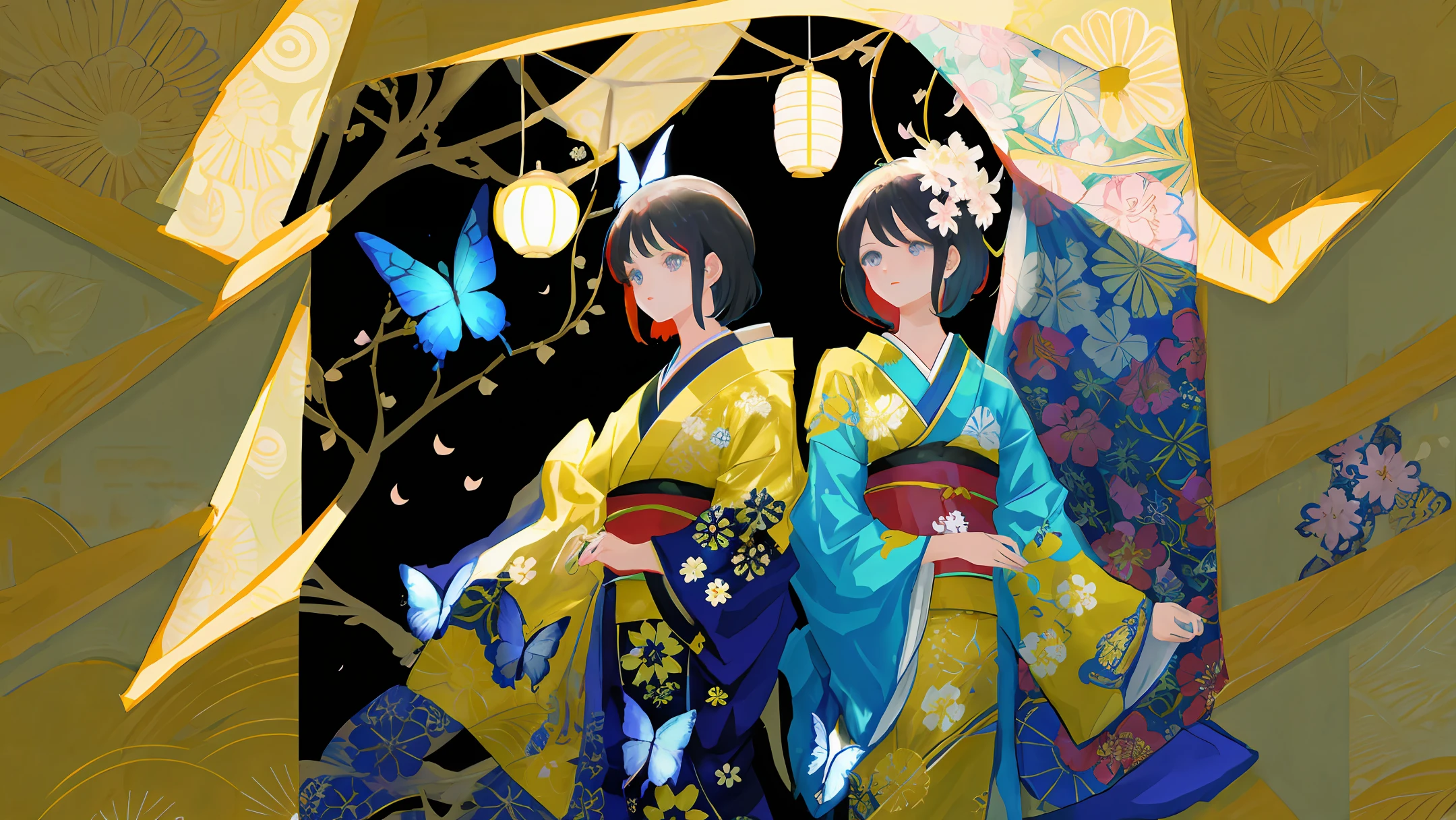 Japan furisode pattern、colorfully、ornate、Blossom、butterflies、wallpapers、design