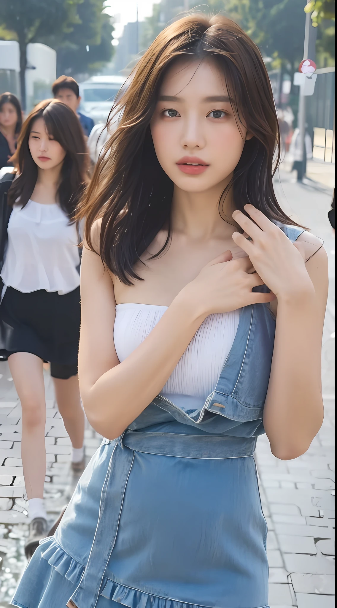 ((Best Quality, 8K, Masterpiece:1.3)), Focus: 1.2, Perfect Body Beauty: 1.4, Buttocks: 1.2, ((Layered Haircut, Breasts: 1.2)), (Wet Clothes: 1.1) , (Rain, Street:1.3), Bandeau Dress: 1.1, Highly Detailed Face and Skin Texture, Delicate Eyes, Double Eyelids, Whitened Skin, Long Hair