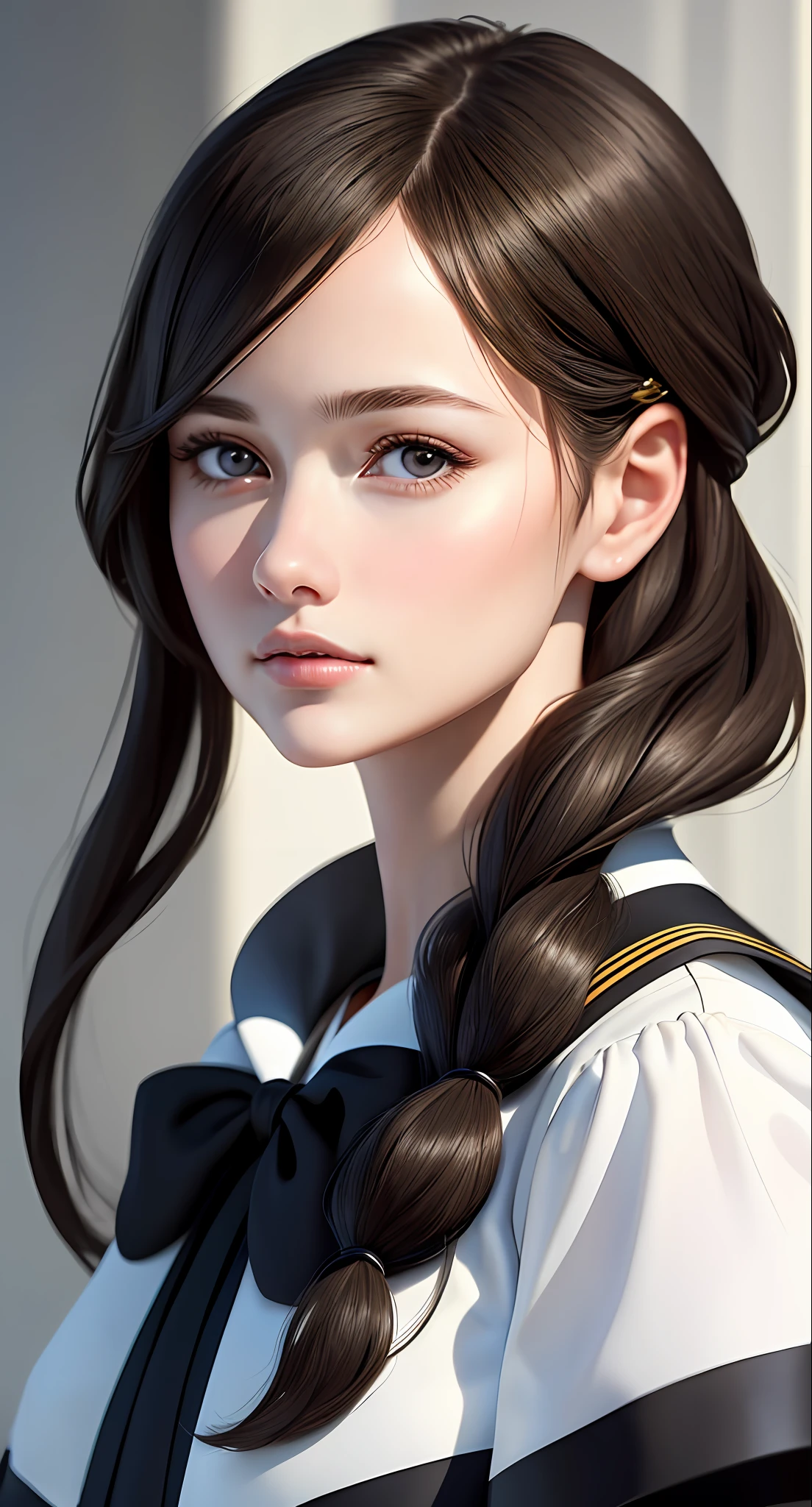 （Photorealism：1.4），（a masterpiece，sidebrilliance，Delicate and beautiful eyes：1.2），a masterpiece*portraits，realism，3D脸，shiny eyes，Shiny hair，Radiant skin，solo，Awkward，（abdomen），Shelcomer tulle black-collared sailor suit，black hair，dark eyes，