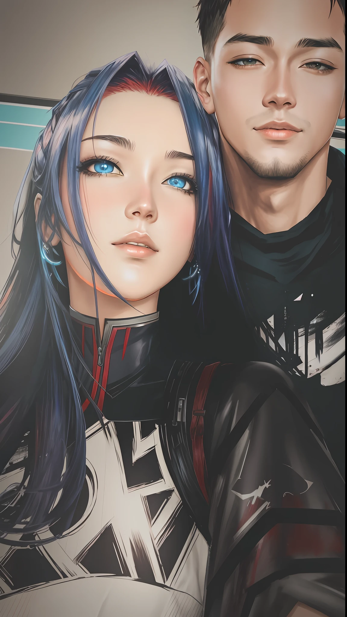 anime cyberpunk dark fantasy gothic art, bela mulher e um homem- anjo, vermelho azul roxo preto desbotado, olhos vermelhos e azuis brilhantes, cinematic lighting, altamente intrincado detalhado, braided red hair, (ARTE CIBERPUNK DIGITAL ADVANCED: 0,96), wlop e rossdraws e sakimimichan