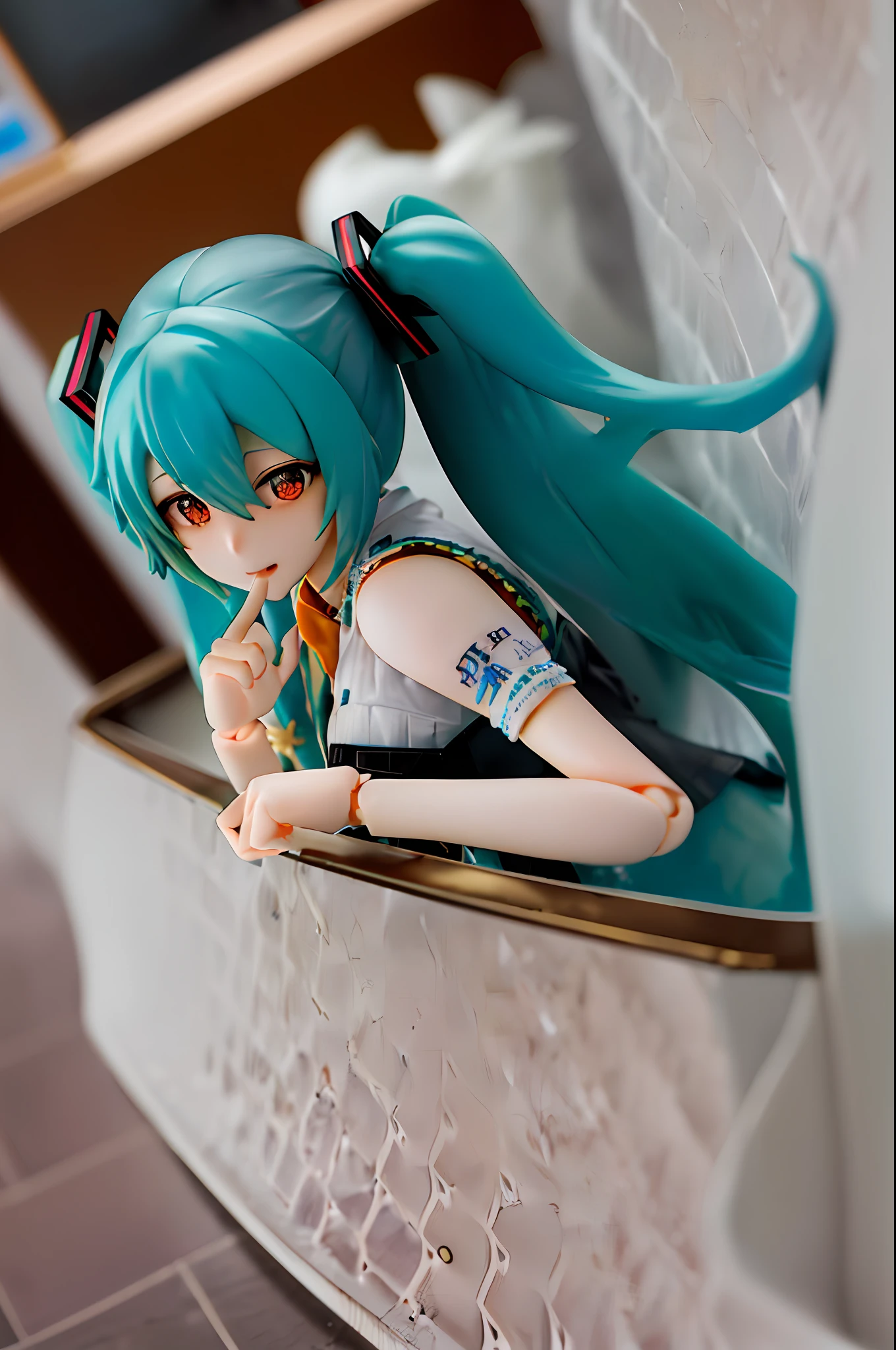 (Extremely, best quality, absurdres, foreshortens, from_above, fisheye: 1.2), (hastune miku: 1.2), highly detailed (figma) photo of (hastune miku: 1.2), 1girl, solo, [realistic], rendered in a blender