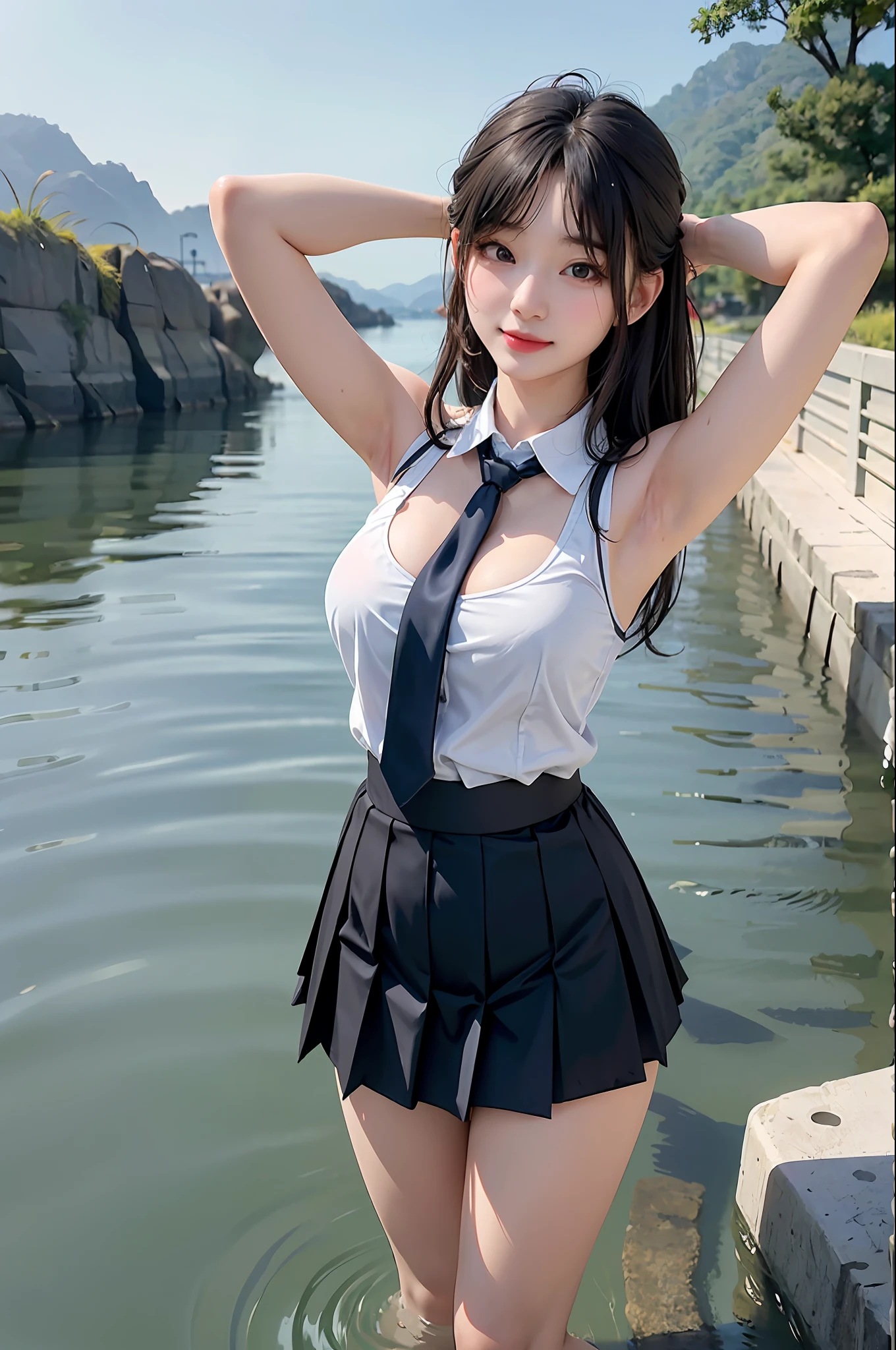 (wide_shot), masterpiece, raw, realistic, high-resolution, (detailed), (photograpy), (photorealistic), amazing, 1girl,  (korean mixed, kpop idol), (cute 20 age old korean girl), large breasts, skirt and tie standing in the water with her arms behind her back and her head tilted, light smile,