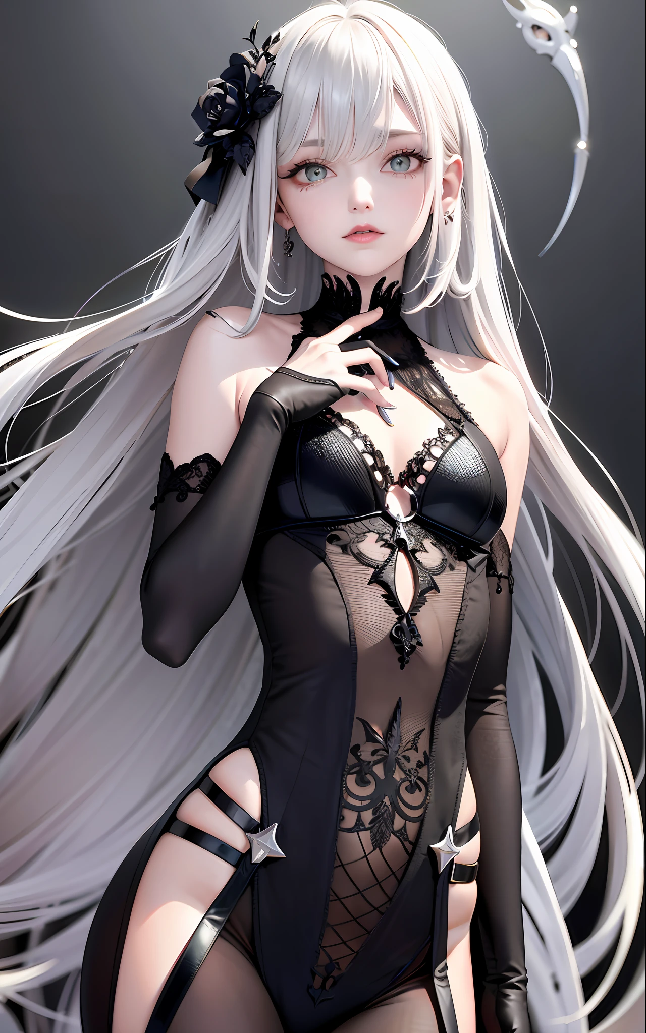 best,a masterpiece, high res, Bestquality, UHD, super detaill, award winning, 16k,(upper half body),A beautiful maiden, grey hair,hair strand,((Heterochromic pupils)),Hanging eye corners,fair skin,(small chest),(Slim body),((Gothic style clothing)),(neck ring),(Short gloves as short as half the palm of your hand)