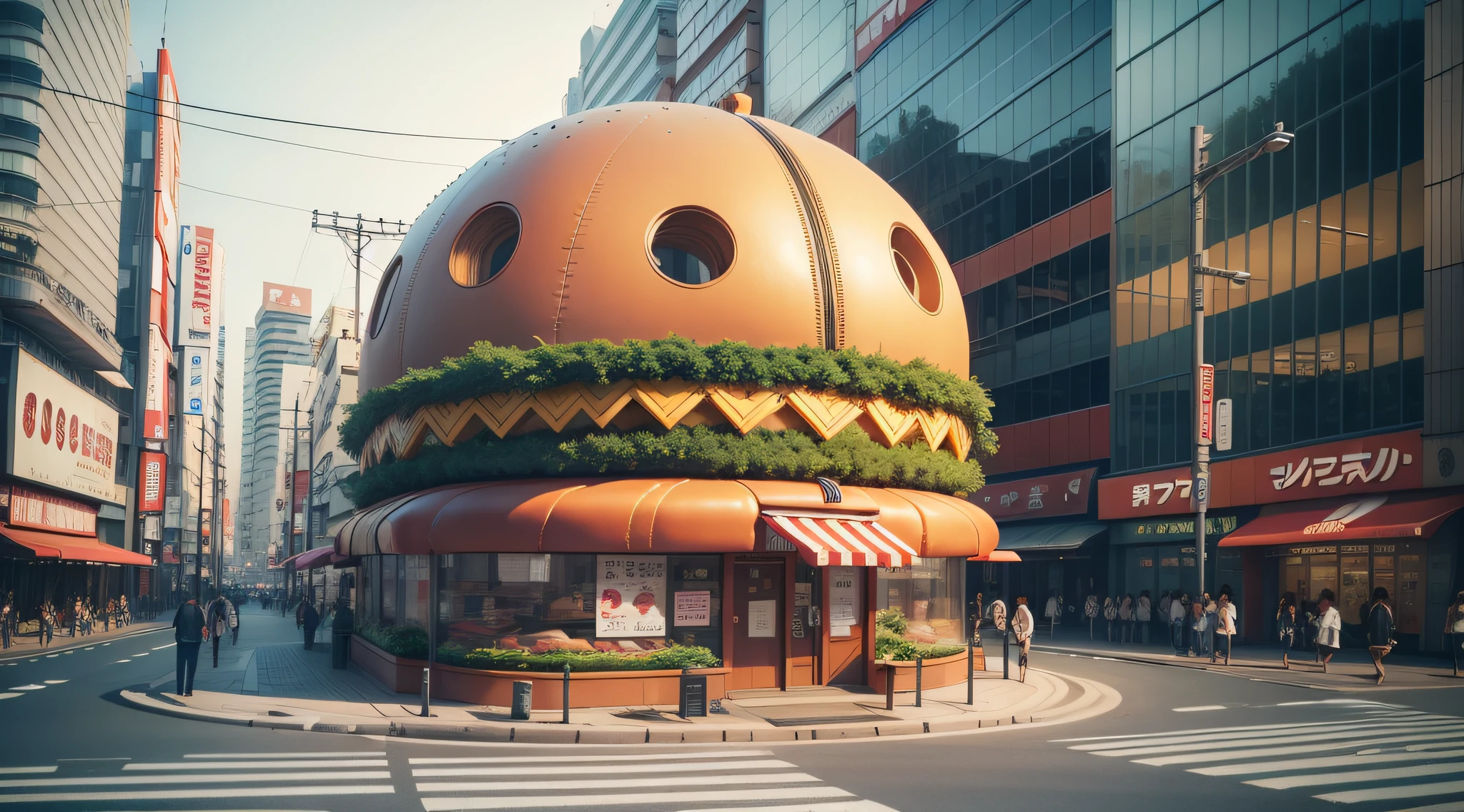 A hamburger-shaped building between the streets of Tokyo