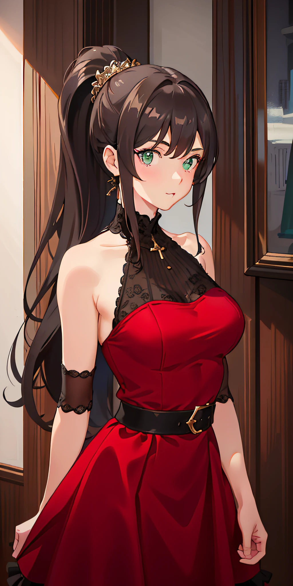 (masterpiece:1.2, best quality), (finely detailed beautiful eyes: 1.2), a girl with a brown ponytail, green eyes, in a red beautiful dress, big breasts, only 1 girl, age 20