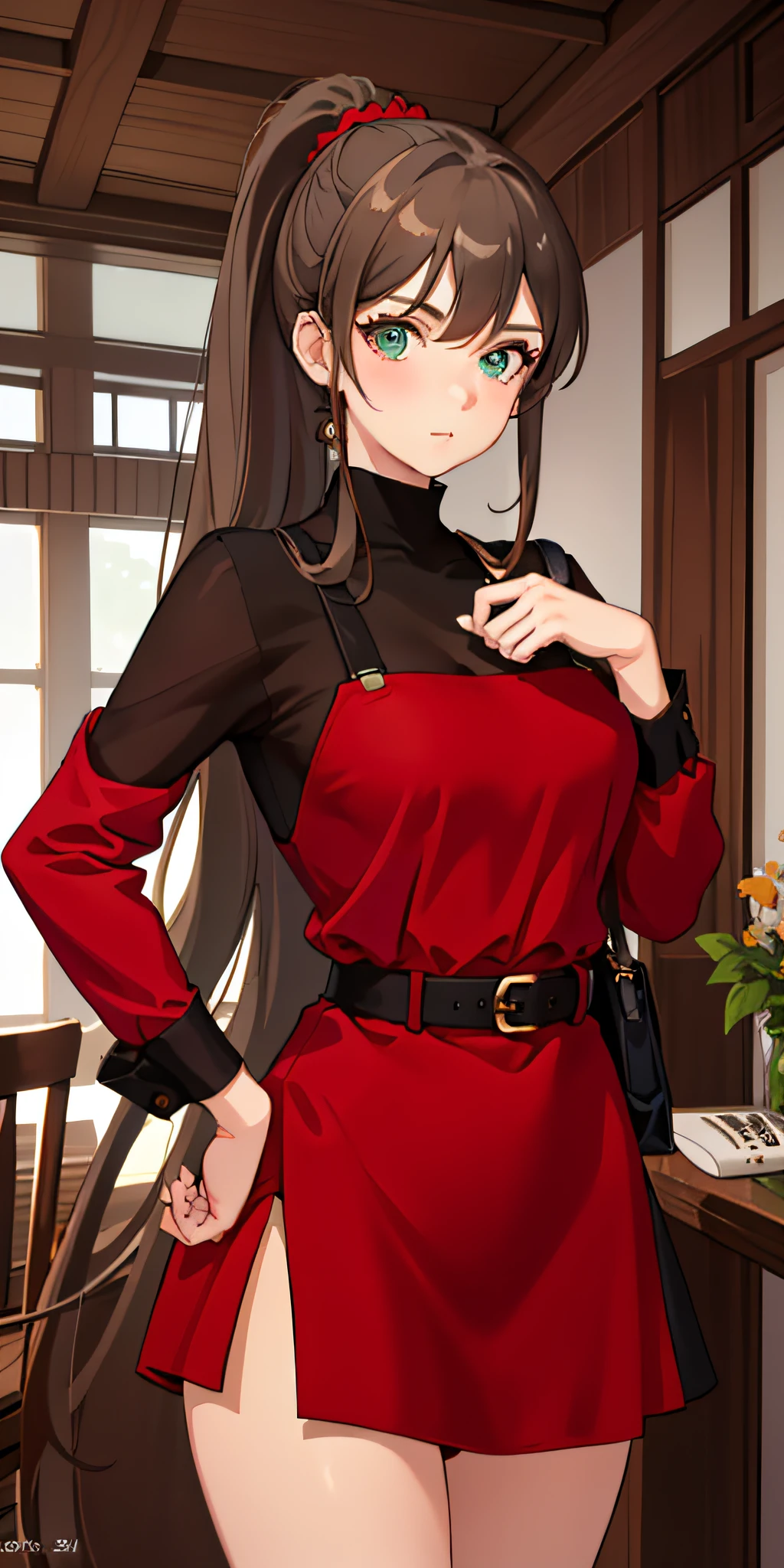 (masterpiece:1.2, best quality), (finely detailed beautiful eyes: 1.2), a girl with a brown ponytail, green eyes, in a red beautiful dress, big breasts, only 1 girl, age 20
