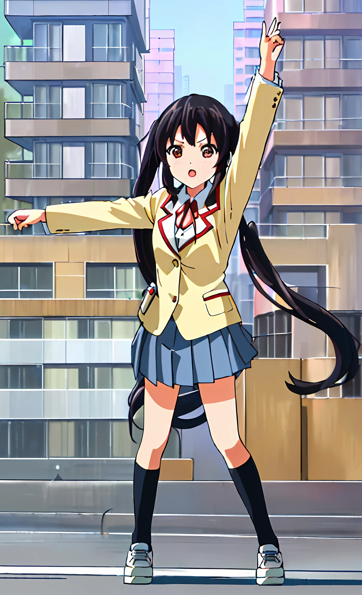 1girl, ((((Masterpiece))), Best Quality, Best Quality, High Detail, Azusa Nakano, 1girl, Sakuragaoka High School Uniform, Musical Instrument, School Uniform, Twin Tails, Long Hair, Black Hair, Brown Eyes, Solo, Red, Dark blue blazer with a thin ribbon of red, Solid white button shirt under blazer, Illustration, Cartoon, Soothing tones, Muted colors, Soft cinematic light, Adobe Lightroom, Photo Lab, HDR, complex and highly detailed, (((depth of field))))). (((Masterpiece))). (((highest quality))).) ((super detail))). (((Illustration))). (((Outside))). (((fighting stance))).,((((Giantization))).dynamic focus.small breasts. (((skyscrapers))). (((Cityscape))). (((Face of sadness))). Open mouth. Spread arms, hands do not hold anything,