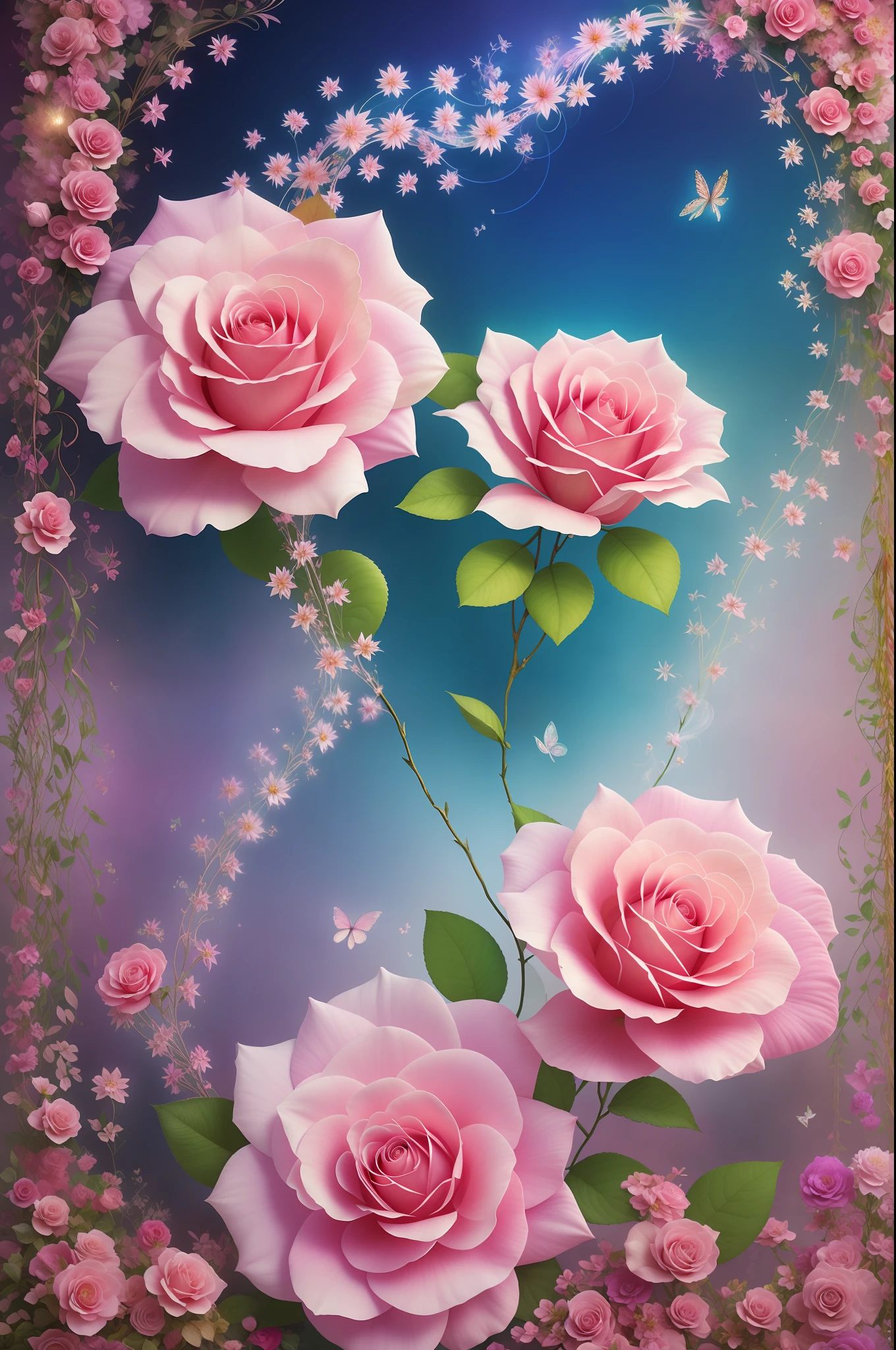 fancy elegant botanical rose floral maximalism with a wave of flowers garden flowers flowing floating in soft misty pink, water, damasco macio, fractal of smoke and realistic flowers on a large scale, octano render, por josephine wall art, isabelle menin, Jean, amy brown