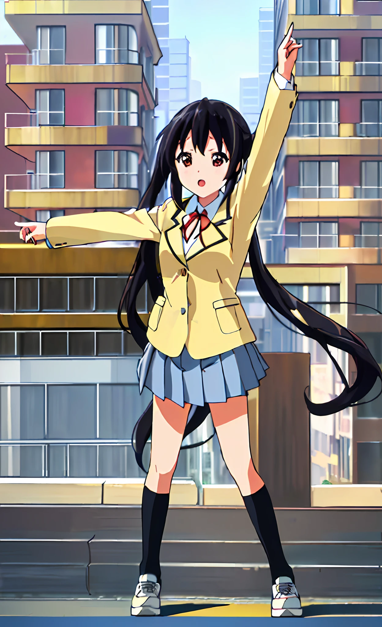 1girl, ((((Masterpiece))), Best Quality, Best Quality, High Detail, Azusa Nakano, 1girl, Sakuragaoka High School Uniform, Musical Instrument, School Uniform, Twin Tails, Long Hair, Black Hair, Brown Eyes, Solo, Red, Dark blue blazer with a thin ribbon of red, Solid white button shirt under blazer, Illustration, Cartoon, Soothing tones, Muted colors, Soft cinematic light, Adobe Lightroom, Photo Lab, HDR, complex and highly detailed, (((depth of field))))). (((Masterpiece))). (((highest quality))).) ((super detail))). (((Illustration))). (((Outside))). (((fighting stance))).,((((Giantization))).dynamic focus.small breasts. (((skyscrapers))). (((Cityscape))). (((Face of sadness))). Open mouth. Spread arms, hands do not hold anything,