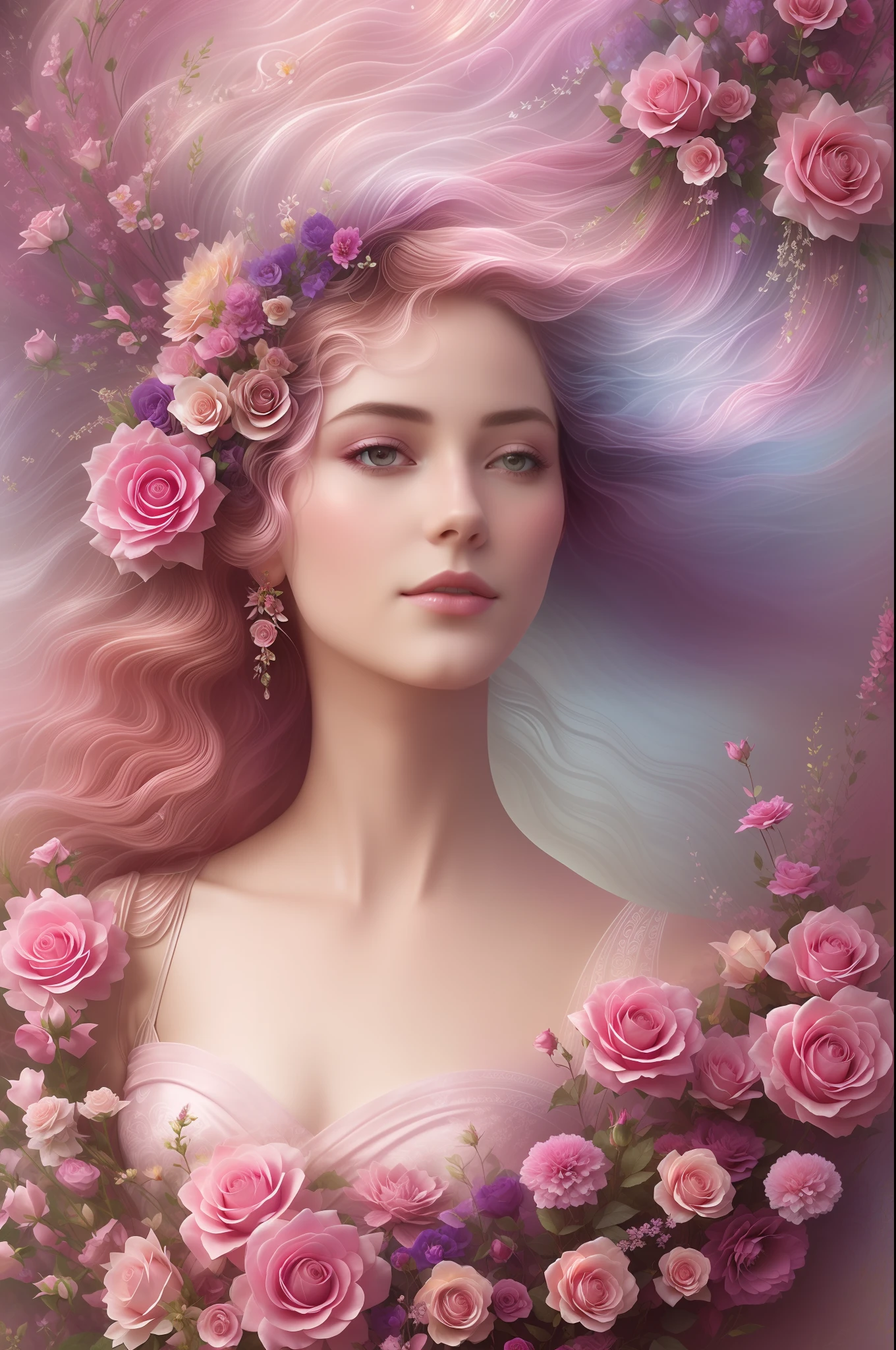 fancy elegant botanical rose floral maximalism with a wave of flowers garden flowers flowing floating in soft misty pink, water, damasco macio, fractal of smoke and realistic flowers on a large scale, octano render, por josephine wall art, isabelle menin, Jean, amy brown